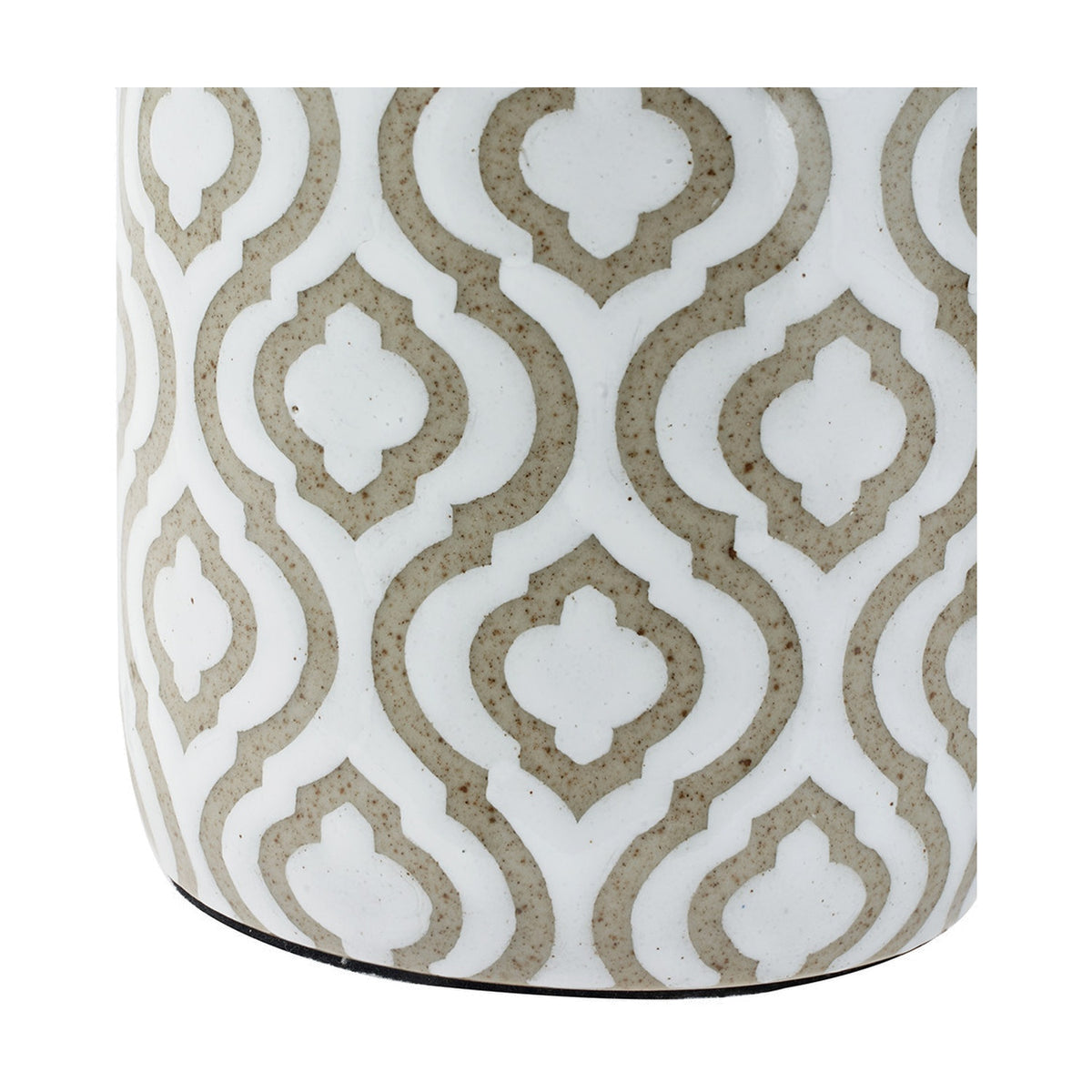 Close-up of the Celia ceramic table lamp base, 34cm, showing a taupe and white quatrefoil trellis pattern glazed onto the cylindrical body.