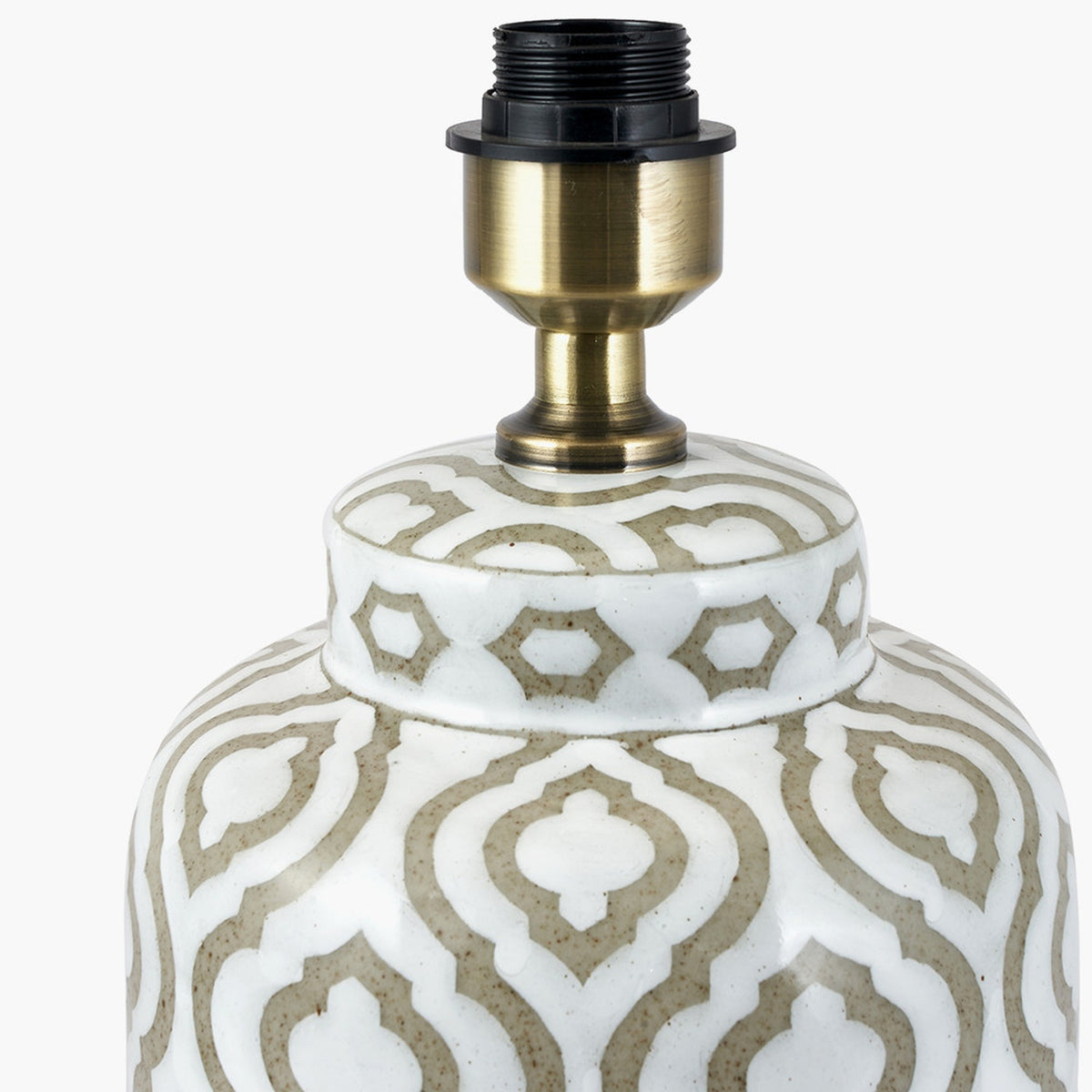 Close-up of the Celia ceramic table lamp base, 34cm, showing an antique brass fitting on a white lamp neck with taupe geometric pattern, on a plain background.