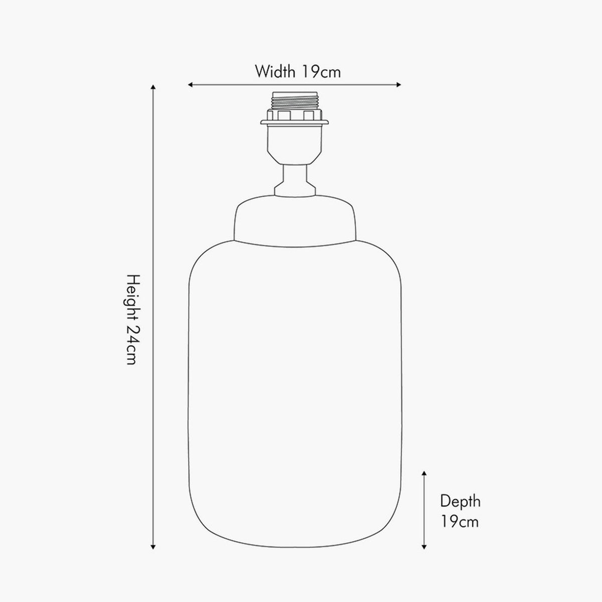 Line drawing of the Celia ceramic table lamp base showing a rounded body with tapered neck and E27 fitting, labelled 19cm width, 19cm depth and 24cm height.