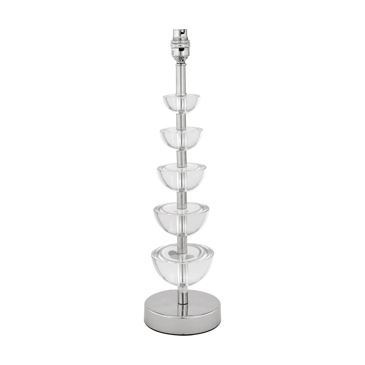 Rosa Glass & Silver Table Lamp Base, 45cm, with five stacked clear glass bowl tiers on a chrome stem and round metal base, shown on a plain white background.