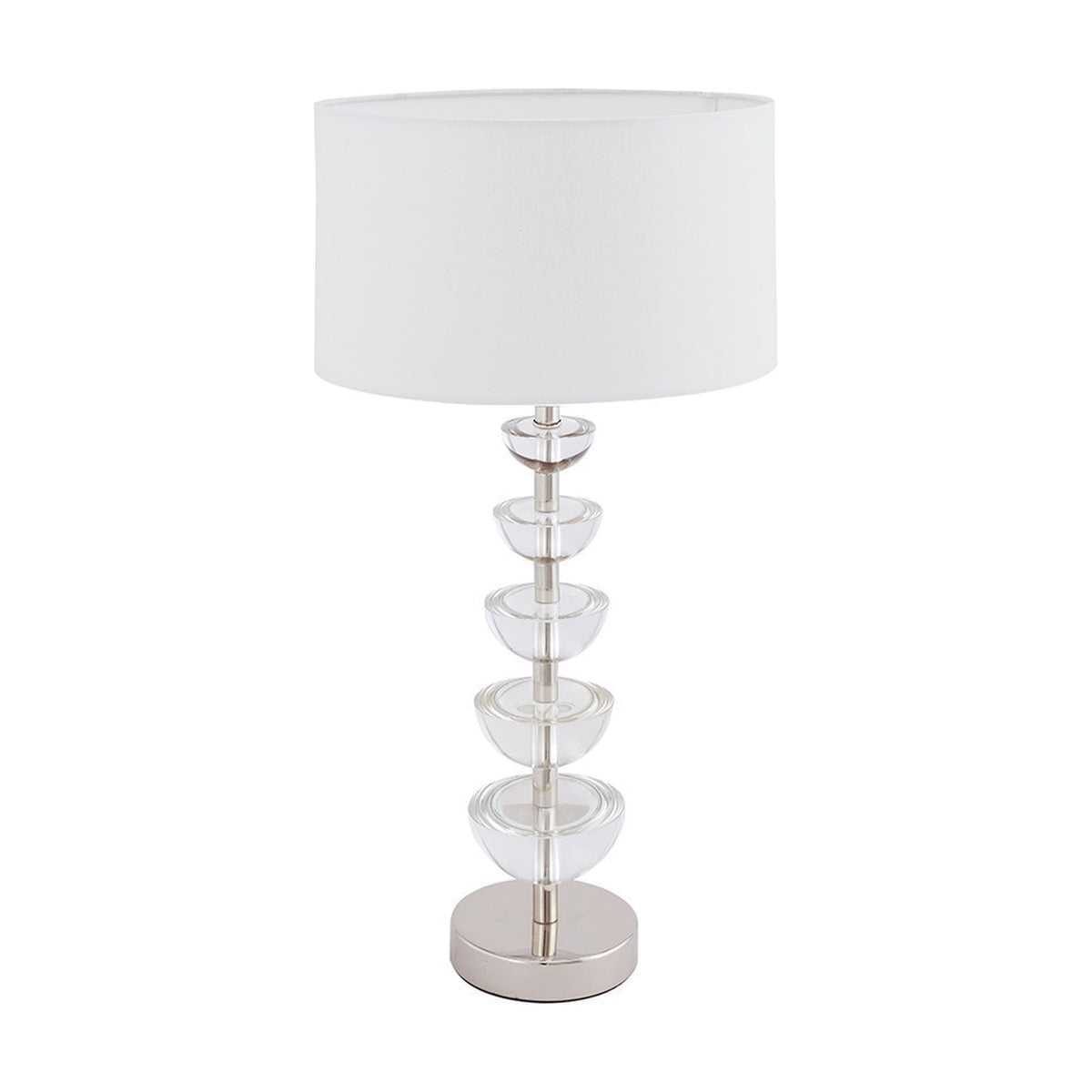 Rosa Glass & Silver Table Lamp Base, 45cm, with stacked clear glass discs on a silver metal stem and round base, shown with a white drum shade on a plain white background.