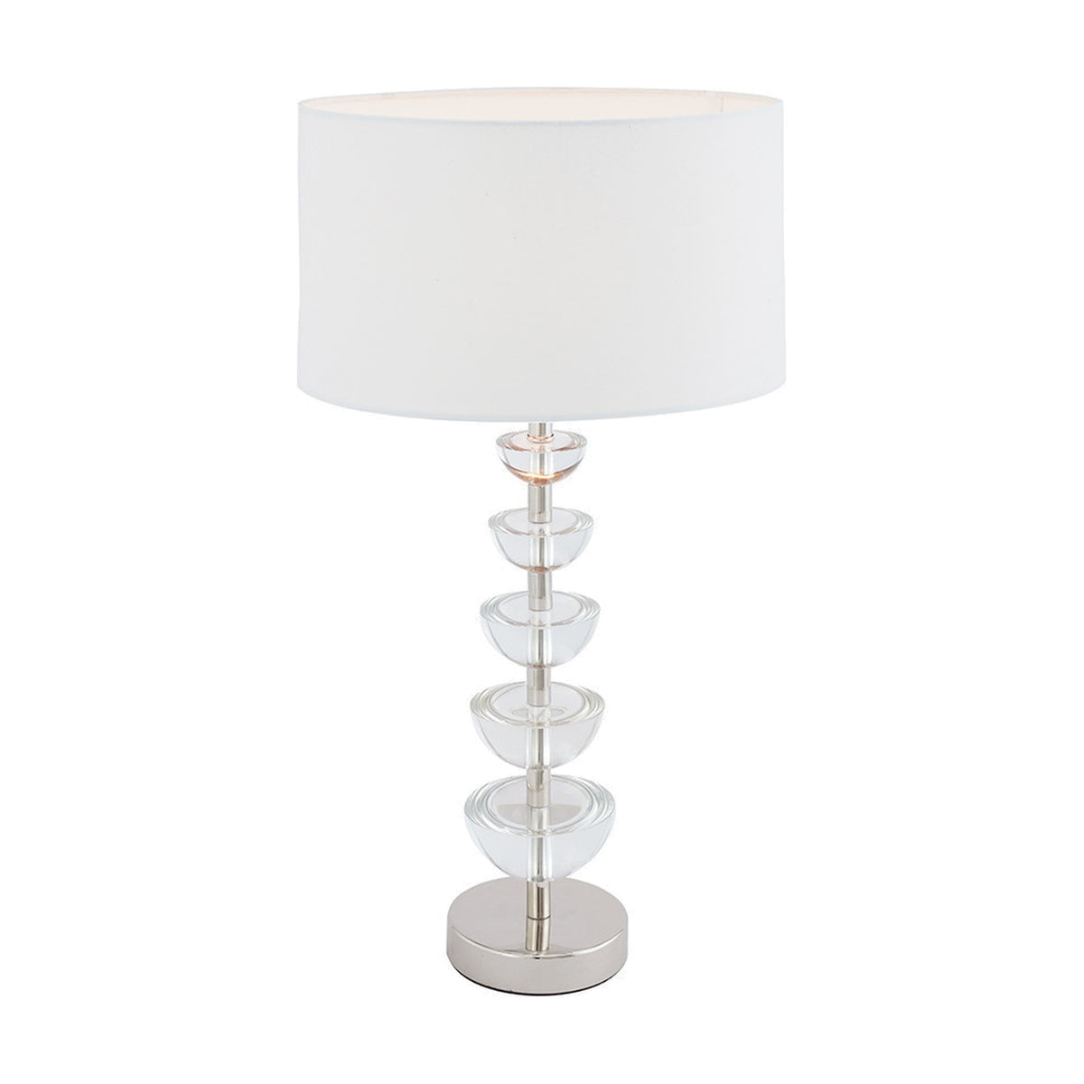 Rosa Glass & Silver Table Lamp Base, 45cm, with stacked clear glass discs on a silver metal stem and white drum shade, shown on a plain white background.