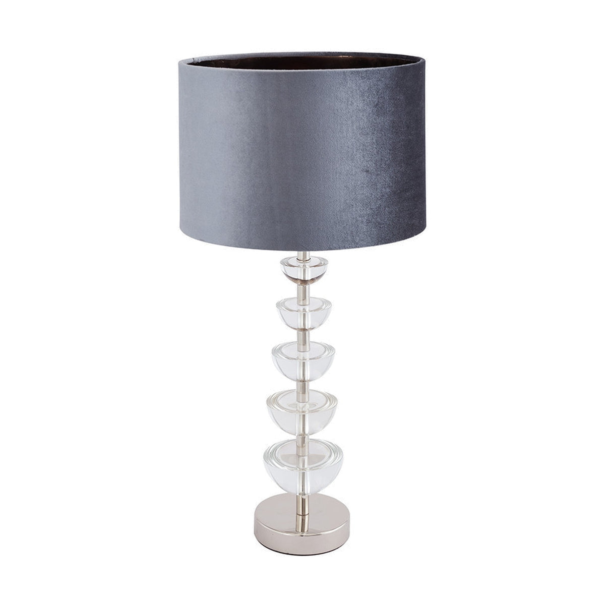 Rosa Glass & Silver Table Lamp Base, 45cm, with stacked clear glass discs on a chrome stem and grey drum shade, shown on a plain white background.