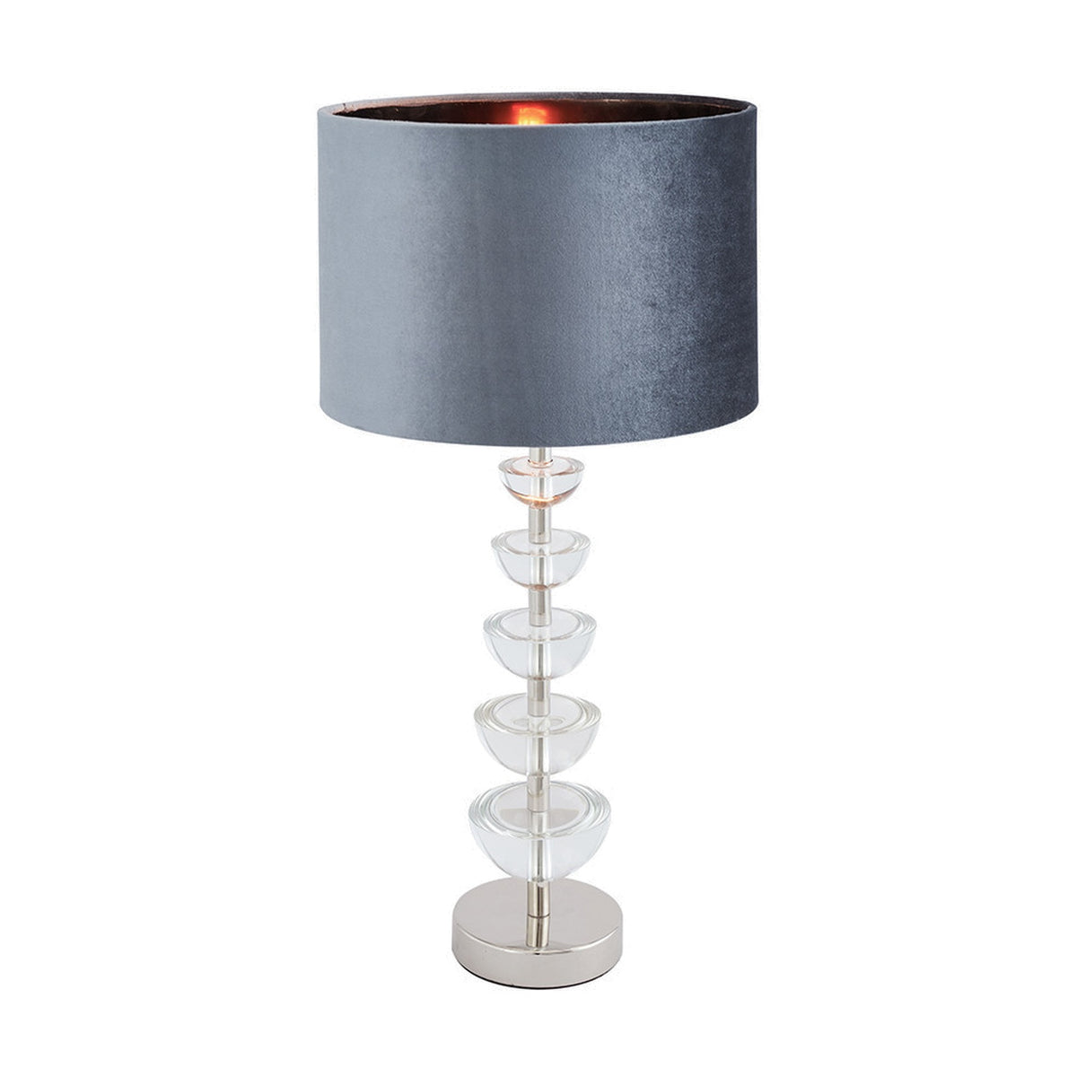 Rosa Glass & Silver Table Lamp Base with stacked clear glass discs and a grey velvet drum shade, shown on a plain white background.