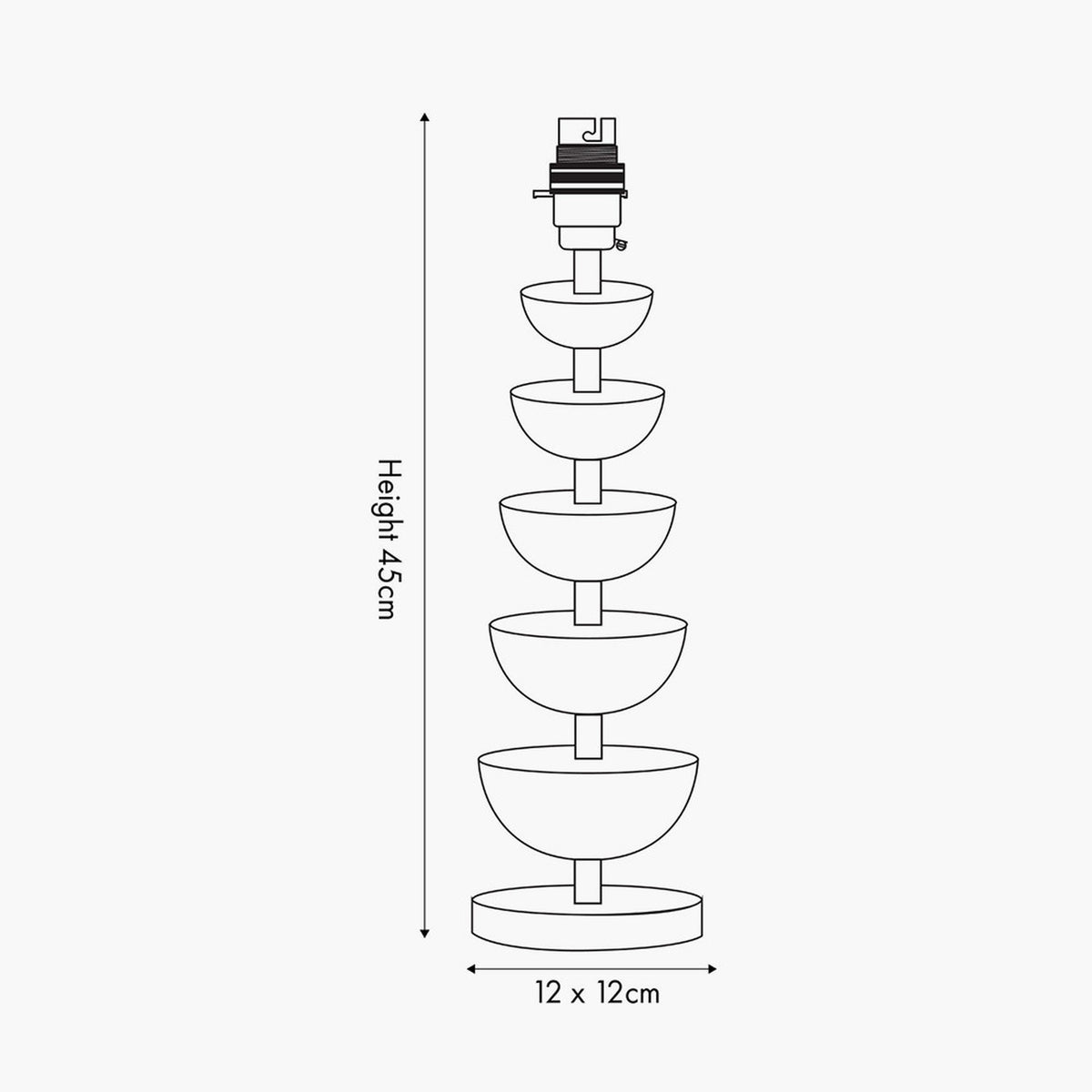 Rosa Glass & Silver Table Lamp Base line drawing showing five stacked bowl-shaped tiers on a round base with lamp holder, 45cm height, 12 x 12cm footprint, on a white background.