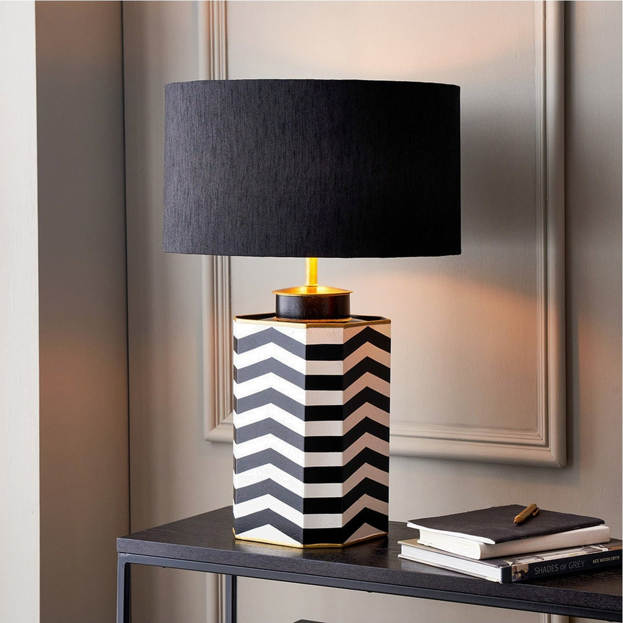 Oskar Black & White Chevron Hand Painted Metal Table Lamp Base - 43cm