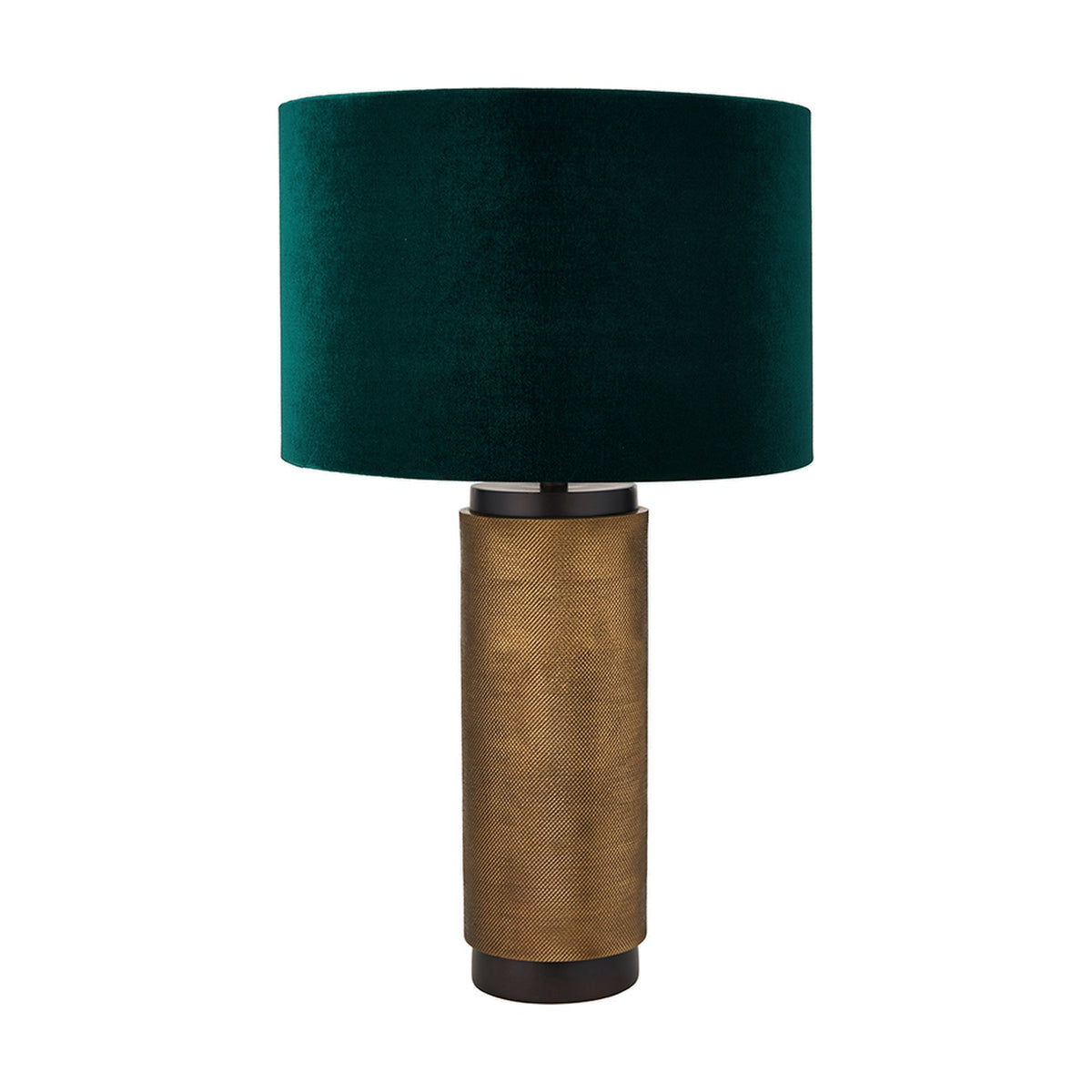 Aurelio table lamp with a textured brass cylindrical base and black trim, paired with a dark green velvet drum shade, shown on a plain white background.