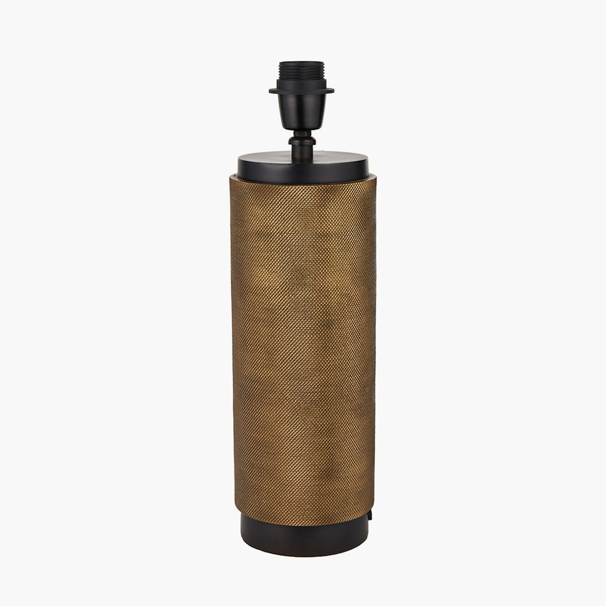Aurelio Black Textured Table Lamp Base - 43cm, a cylindrical brass-toned textured column with matte black cap, base, and fitting, shown on a plain white background.