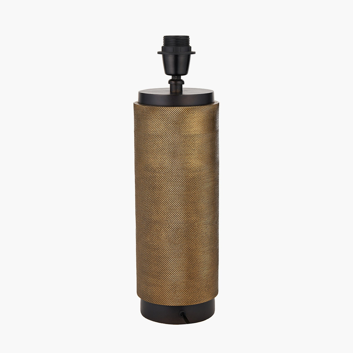 Aurelio Black Textured Table Lamp Base, 43cm, cylindrical brass body with textured finish, black cap and base, black fitting at top, on a plain white background.