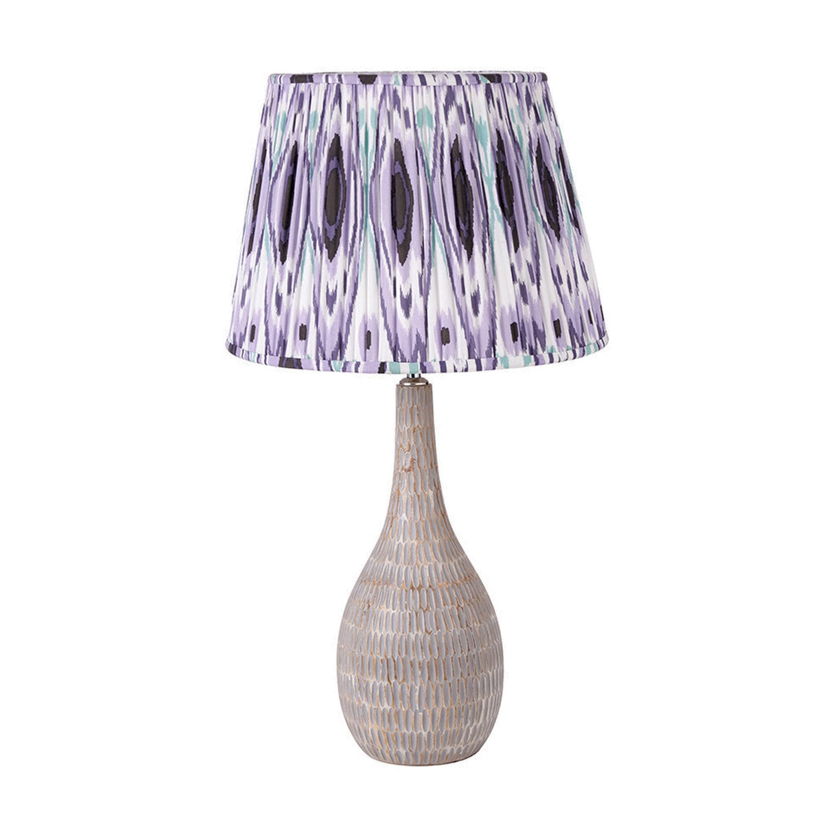 Ioan Grey Engraved Wood Bottle Table Lamp with Lilac Ikat Shade - 71cm