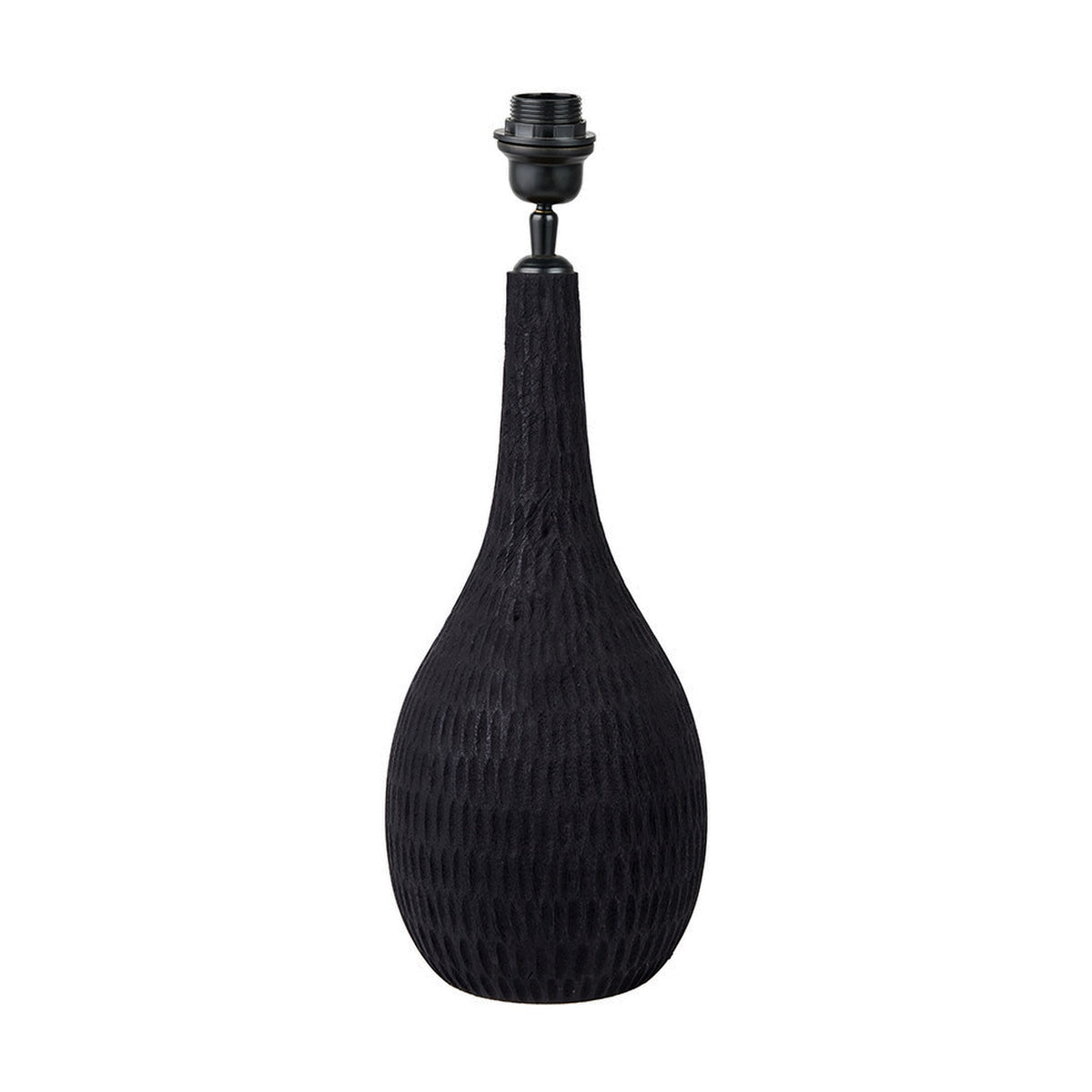 Ioan Black Engraved Wood Bottle Table Lamp Base, 49cm, with bulbous body, textured carved finish, and matte black metal fitting, shown on a plain white background.