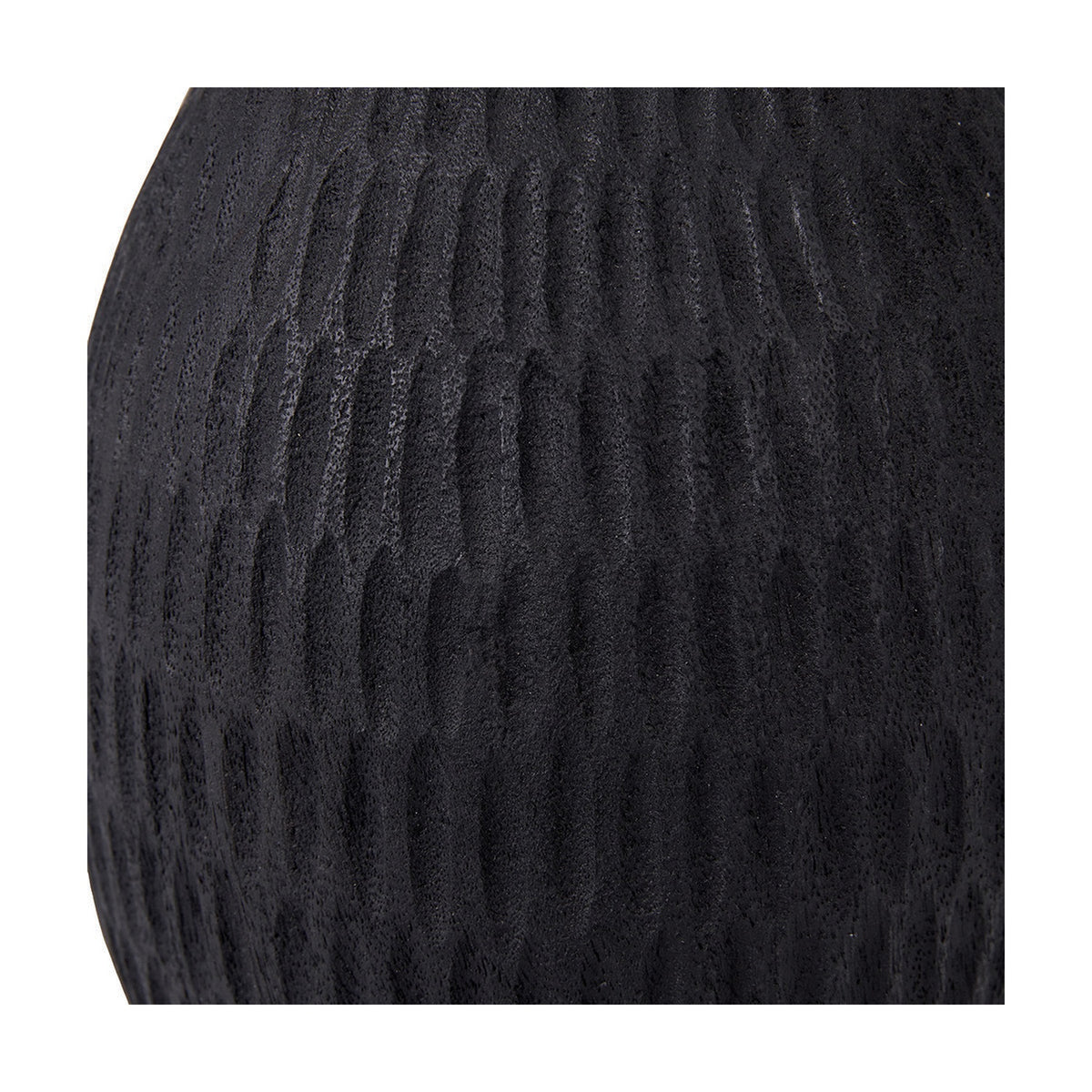 Close-up of the Ioan black table lamp base, 49cm, showing textured engraved wood with vertical ridge detailing in a matte black finish.