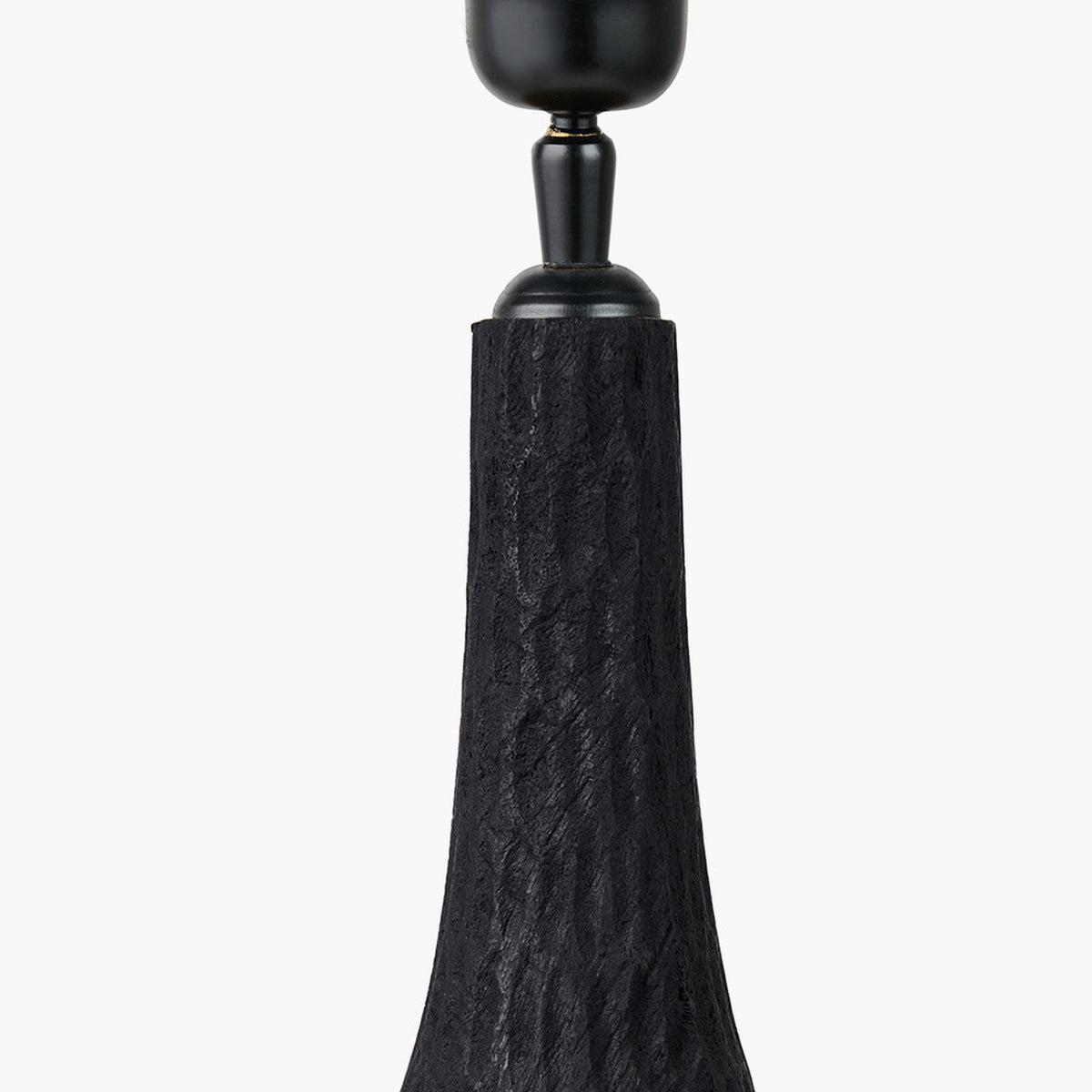 Ioan Black Engraved Wood Bottle Table Lamp Base, close-up of the tapered textured wood body and black metal neck with turned finial, on a plain white background.