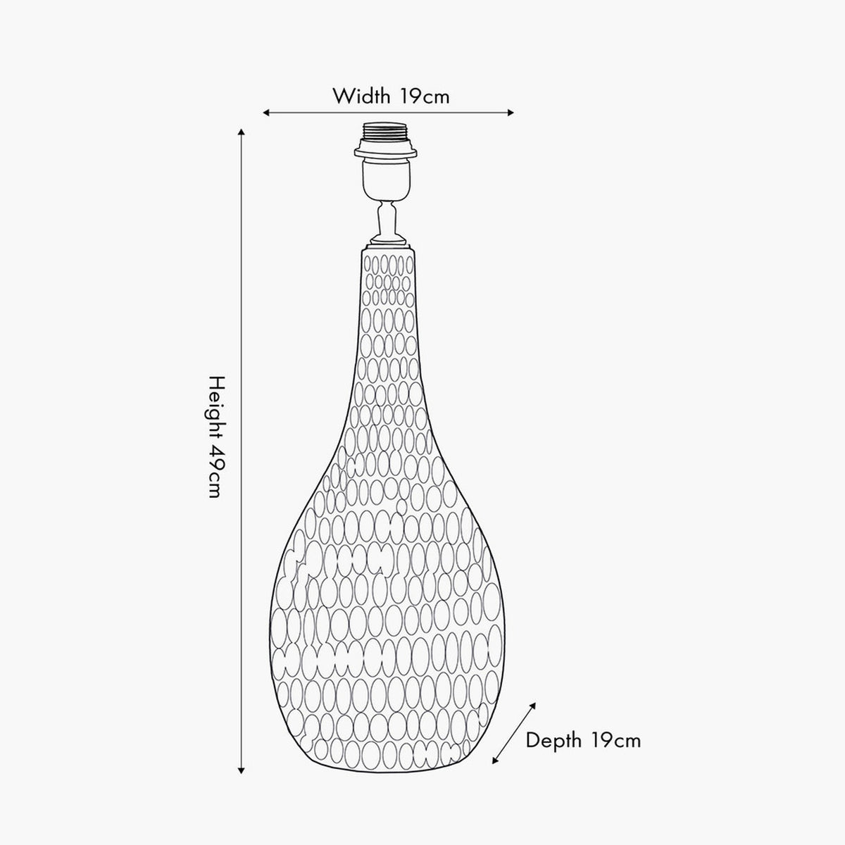 Line drawing of the Ioan Black Engraved Wood Bottle Table Lamp Base showing a bulbous, textured wood body with metal fitting, labelled 19cm width, 19cm depth, and 49cm height on a white background.