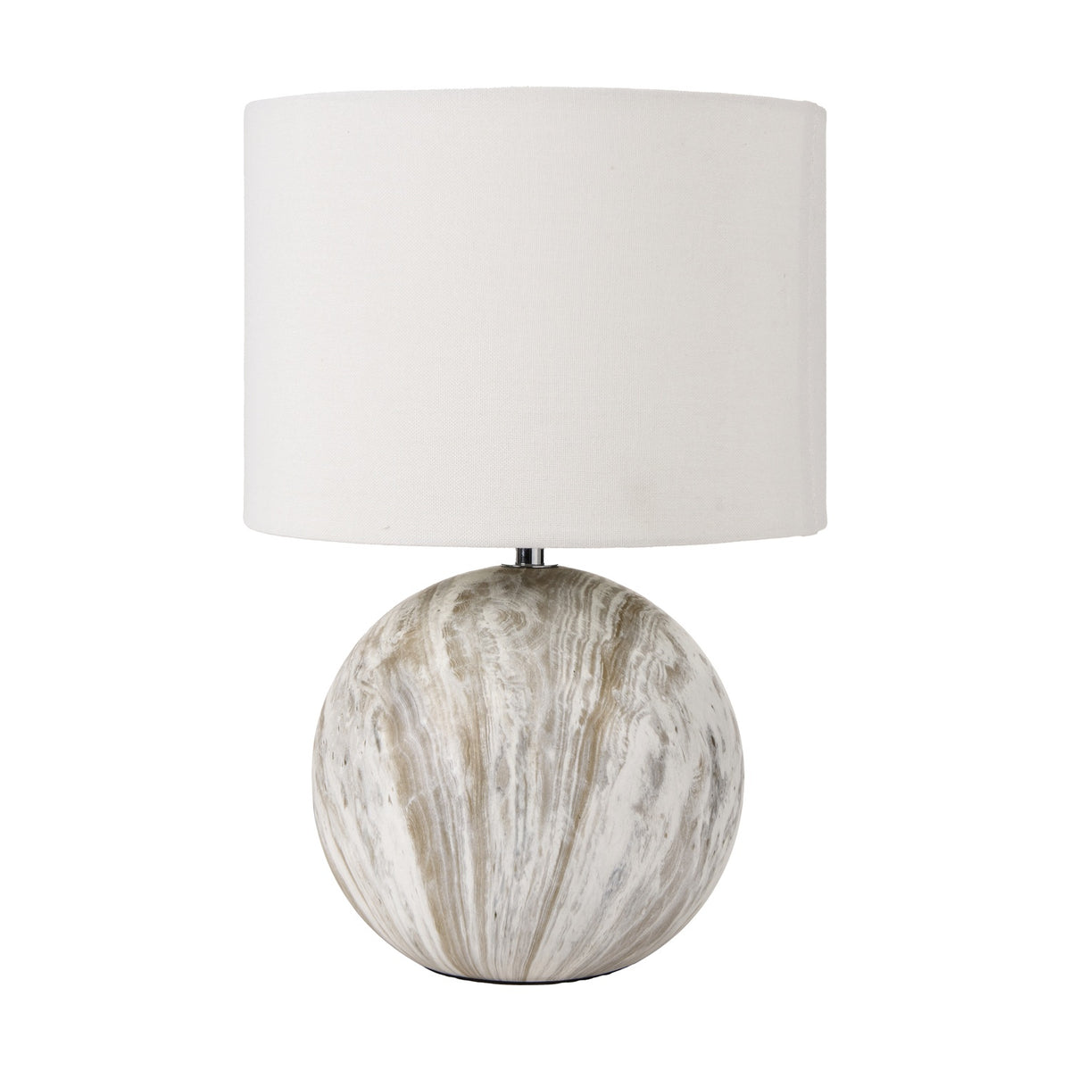 Viejo Grey Stone Effect Ceramic Table Lamp, 37cm, with a round marbled grey ceramic base and white drum fabric shade, shown on a plain white background.