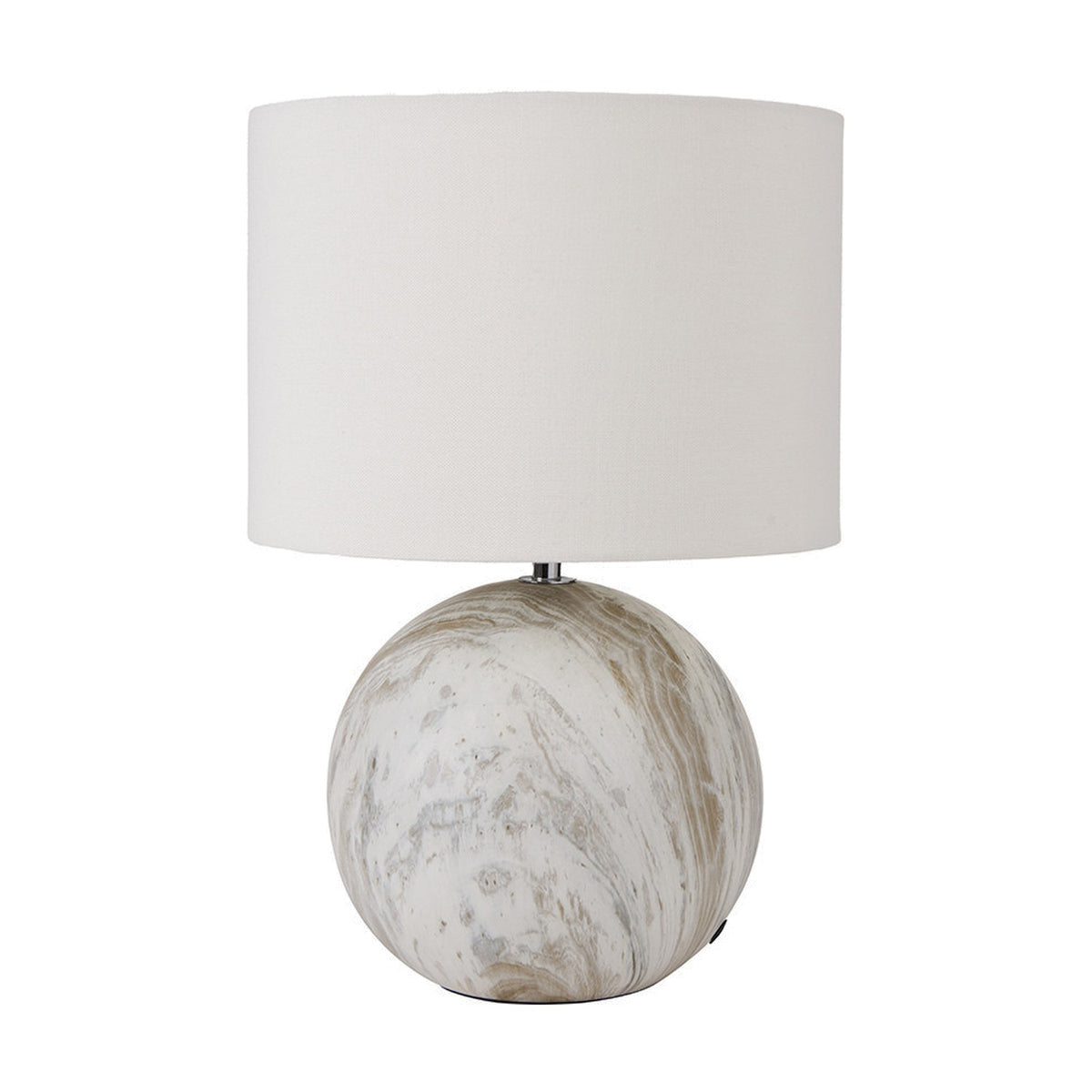 Viejo Grey Stone Effect Ceramic Table Lamp, 37cm, with a spherical marbled grey ceramic base and white drum fabric shade, on a plain white background.