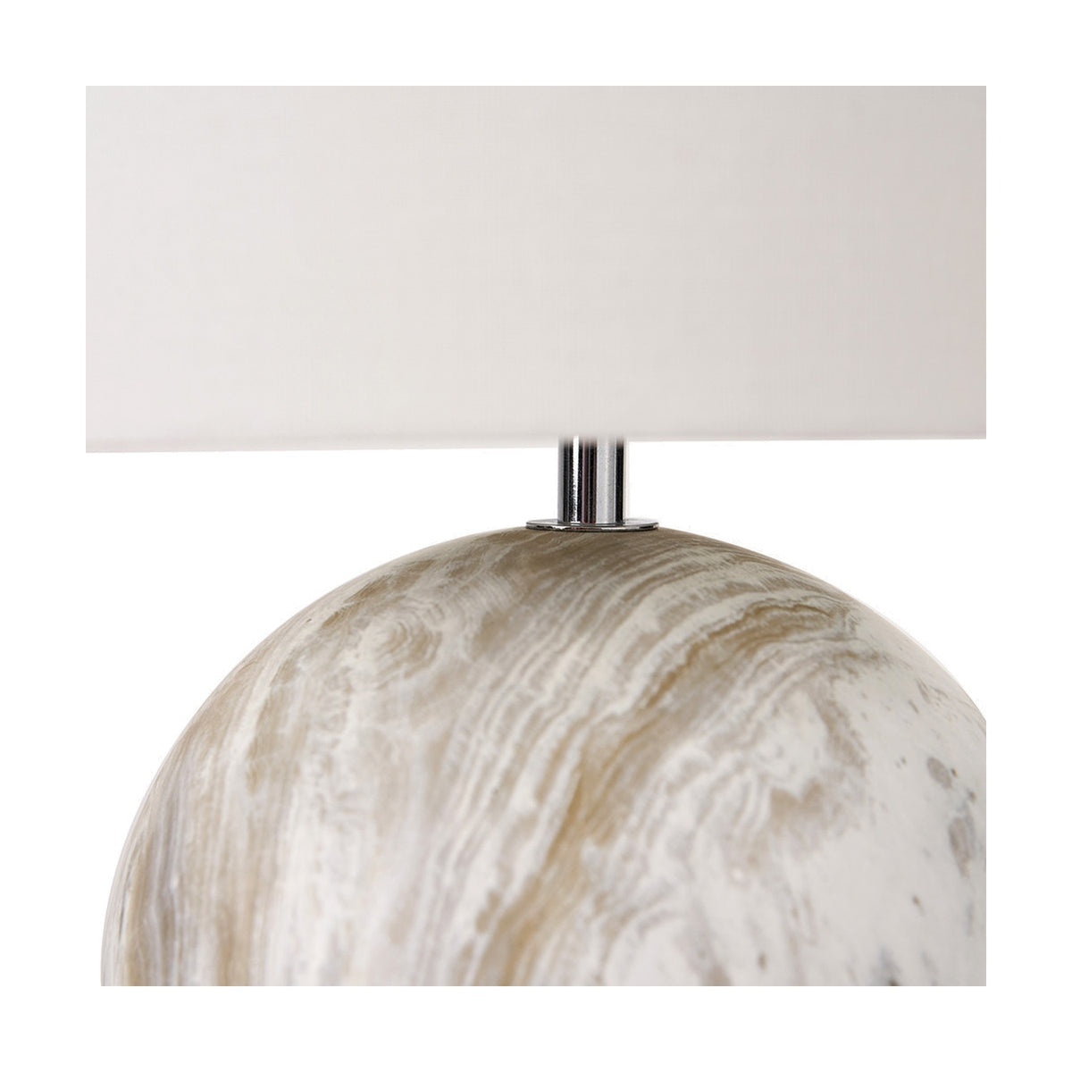 Close-up of the Viejo Grey Stone Effect Ceramic Table Lamp, showing the marbled grey ceramic base and chrome fitting beneath a white rectangular fabric shade.