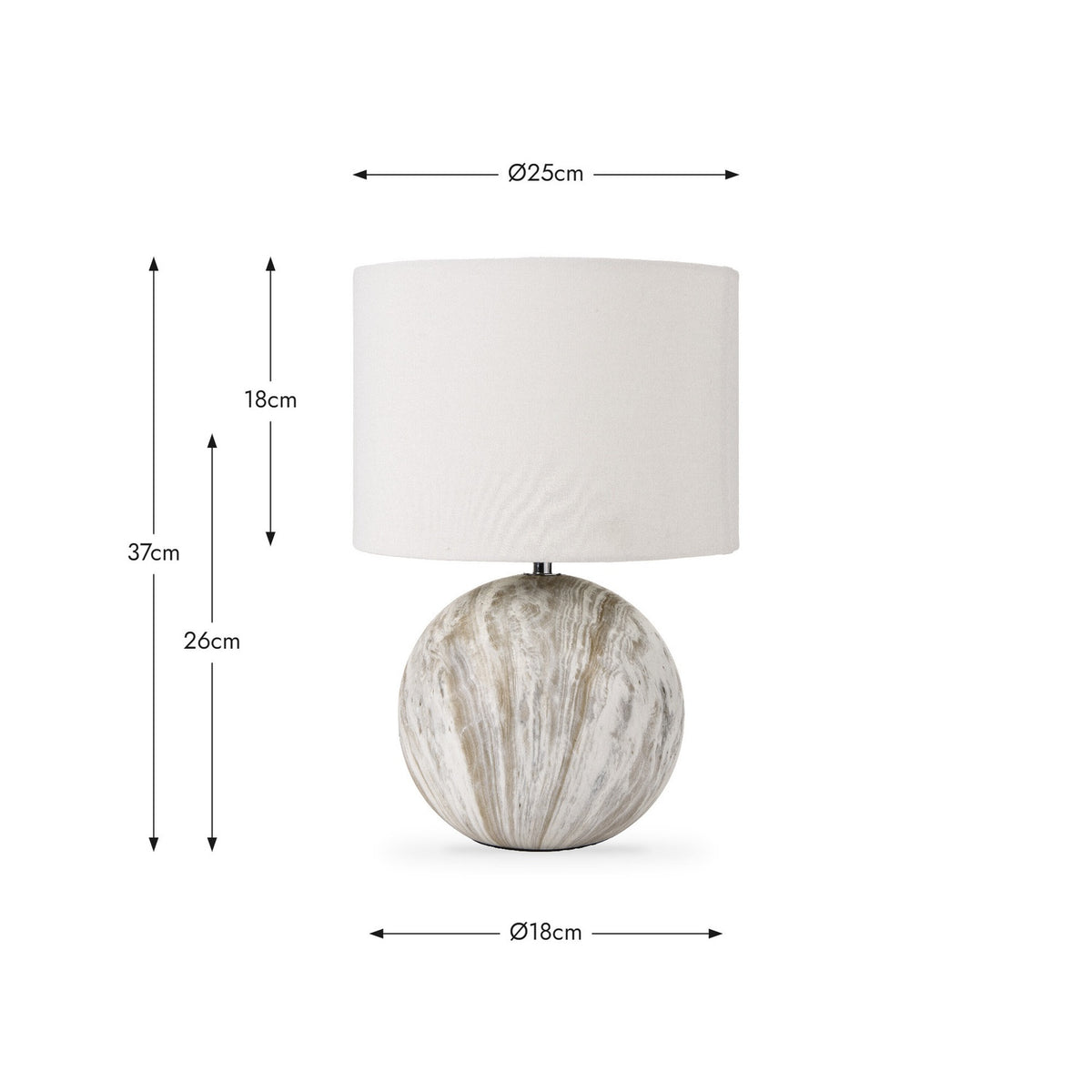 Viejo Grey Stone Effect Ceramic Table Lamp with round textured base and white drum shade, shown with dimensions: 37cm height, Ø18cm base, Ø25cm shade, on a white background.
