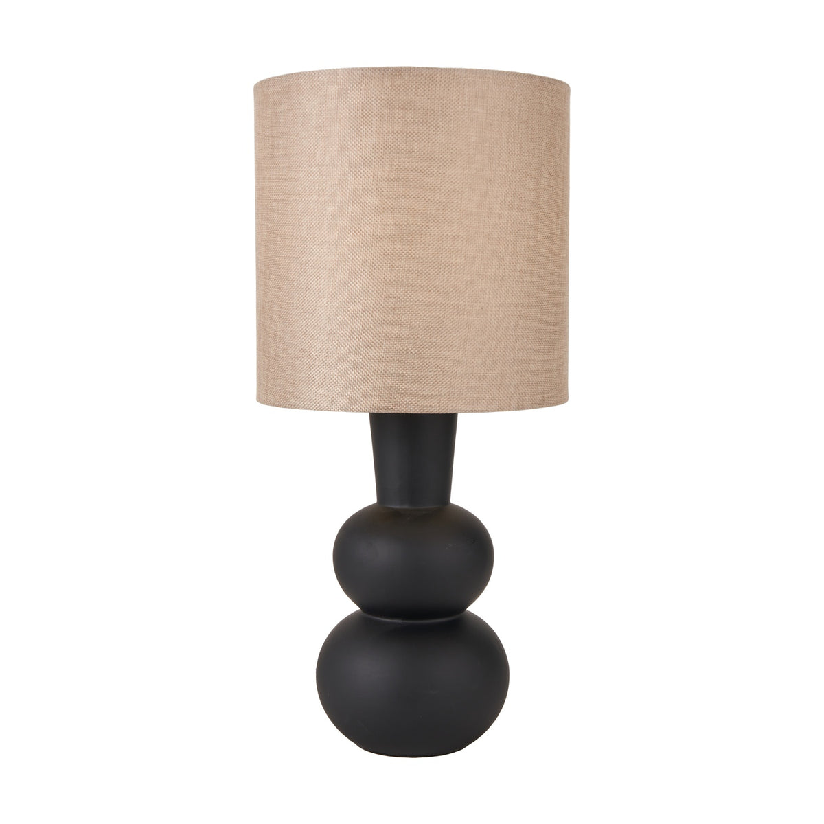 Aaliyah Black Curved Bottle Ceramic Table Lamp, 51cm, with a double-sphere black ceramic base and a cylindrical beige linen shade, shown against a plain white background.
