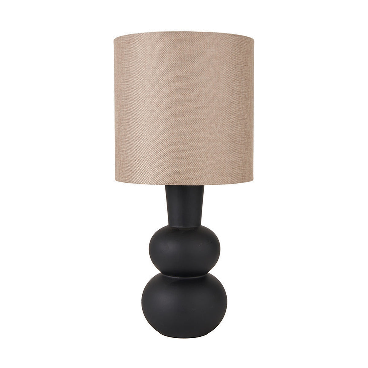 Aaliyah Black Curved Bottle Ceramic Table Lamp, 51cm, with a stacked double-sphere black ceramic base and cylindrical linen shade in beige, shown on a plain white background.