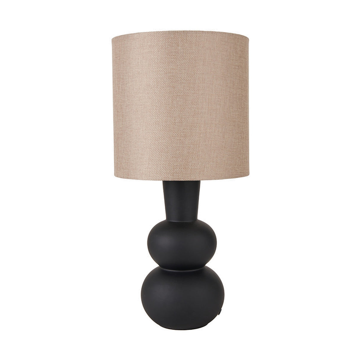 Aaliyah Black Curved Bottle Ceramic Table Lamp, 51cm, with a double-bulb ceramic base and a natural linen drum shade, shown on a plain white background.