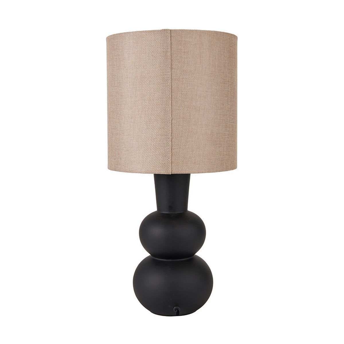Aaliyah Black Curved Bottle Ceramic Table Lamp, 51cm, with a double-bulb ceramic base and cylindrical linen shade in beige, shown on a plain white background.