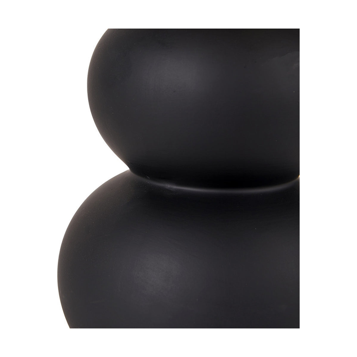 Close-up of the Aaliyah Black Curved Bottle Ceramic Table Lamp base, showing its matte black stacked bulbous form and smooth ceramic finish.