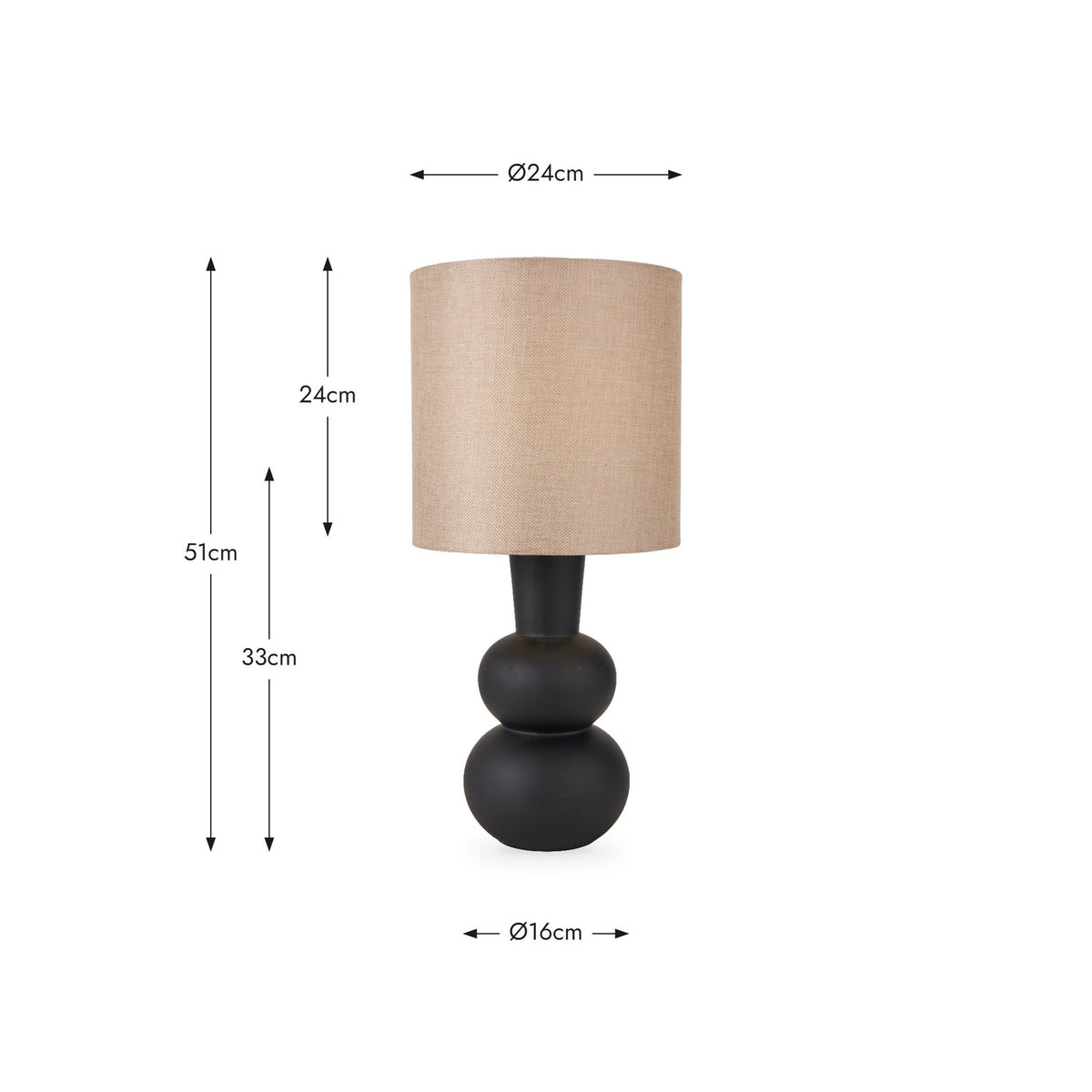 Aaliyah Black Curved Bottle Ceramic Table Lamp, 51cm tall with a linen drum shade, shown with dimensions on a plain white background.
