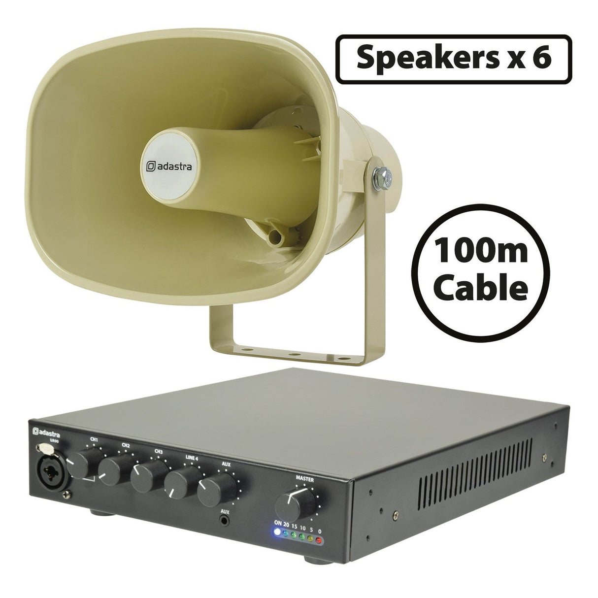 Adastra 6 x 15W Horn Speakers With UA90 Mixer Amplifier