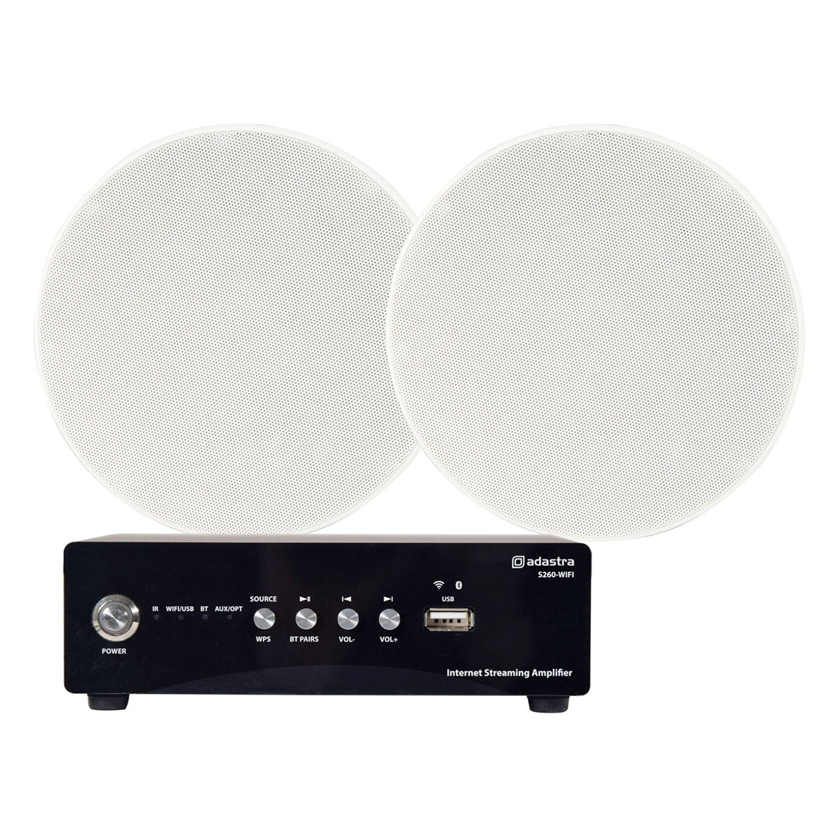 An Adastra 2 x Ceiling Speakers With WIFI and Bluetooth set, featuring black stereo amplifier with control buttons and USB port, displayed in front of two round white mesh ceiling speakers.