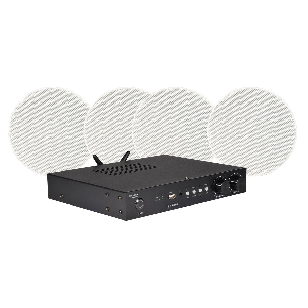 An Adastra 4 x Ceiling Speakers With WIFI and Bluetooth set, featuring a black stereo 2-zone amplifier with control knobs and buttons, is displayed in front of four round white ceiling speakers on a white background.