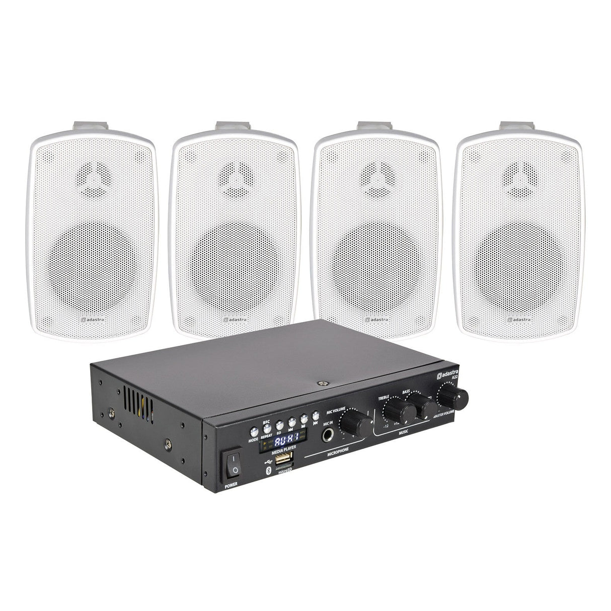 The Adastra 4 x Outdoor Wall Speakers, shown in white and arranged in a row behind a compact stereo amplifier, are featured alongside the amplifier’s front panel with multiple control knobs and input ports.