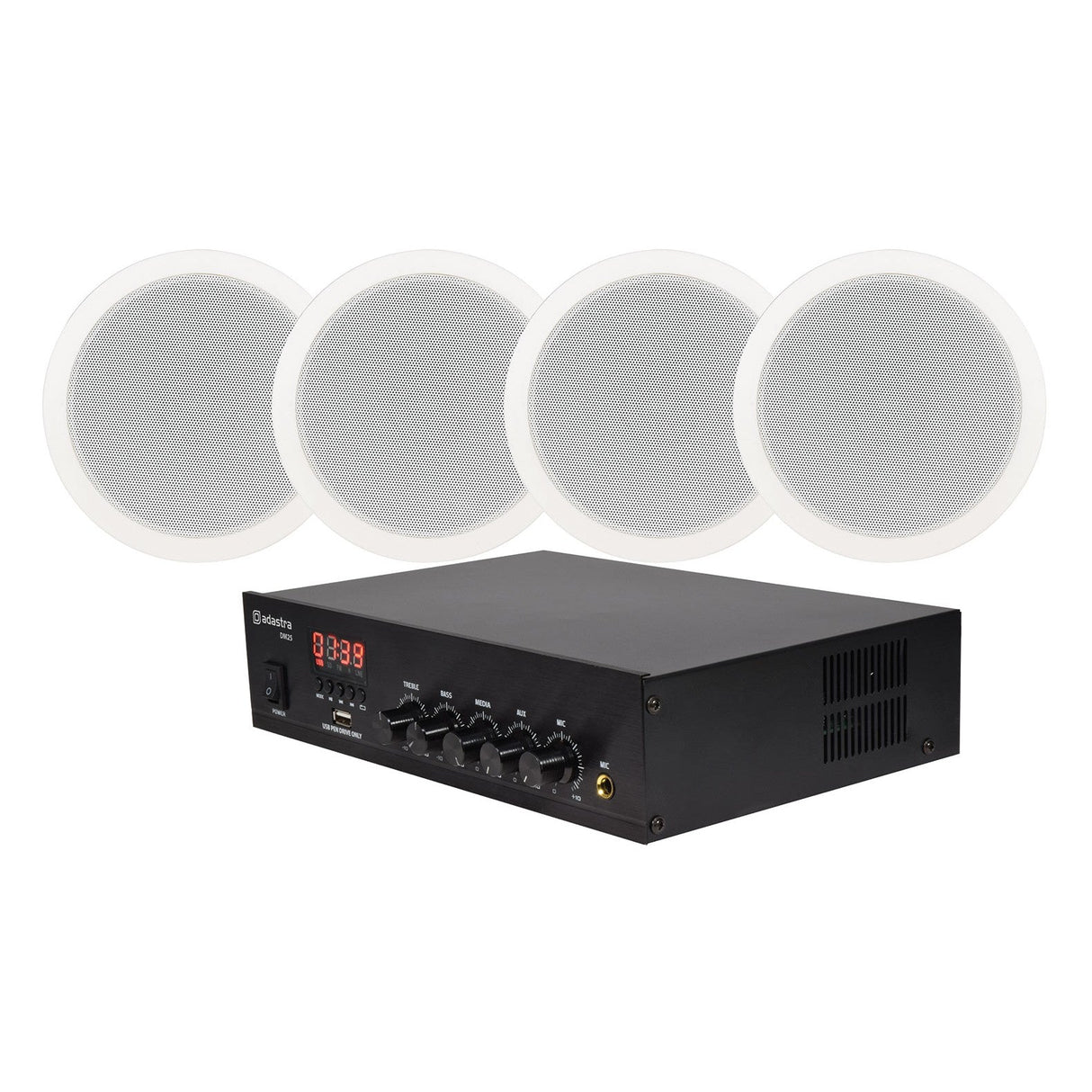The Adastra 4 x Ceiling Speakers are arranged in a row against a white background, with a black 100V mixer amplifier featuring various controls and ports placed in front.