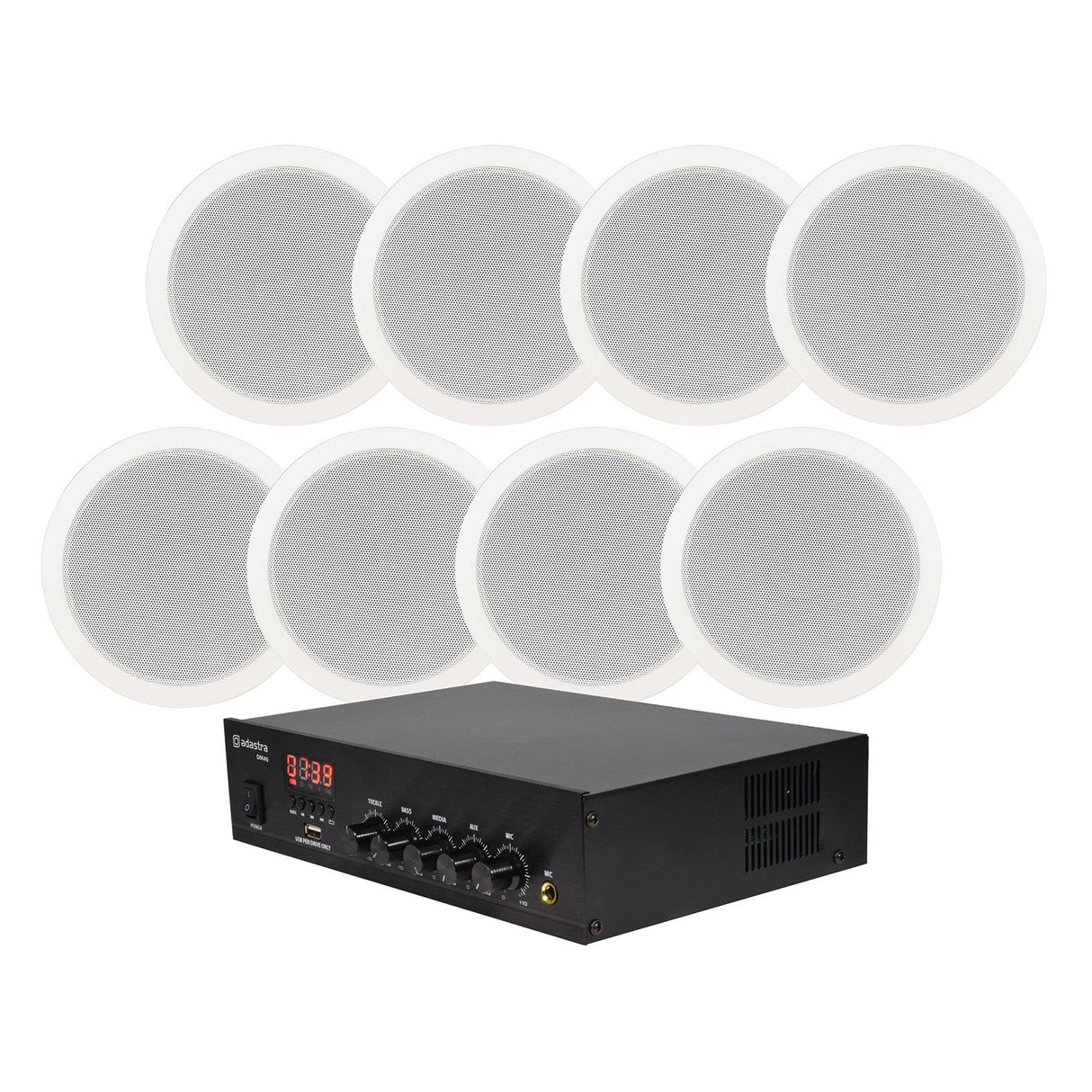 The Adastra 8 x Ceiling Speakers are shown with a black mixer amplifier featuring a digital display and control knobs, all arranged on a plain white background.