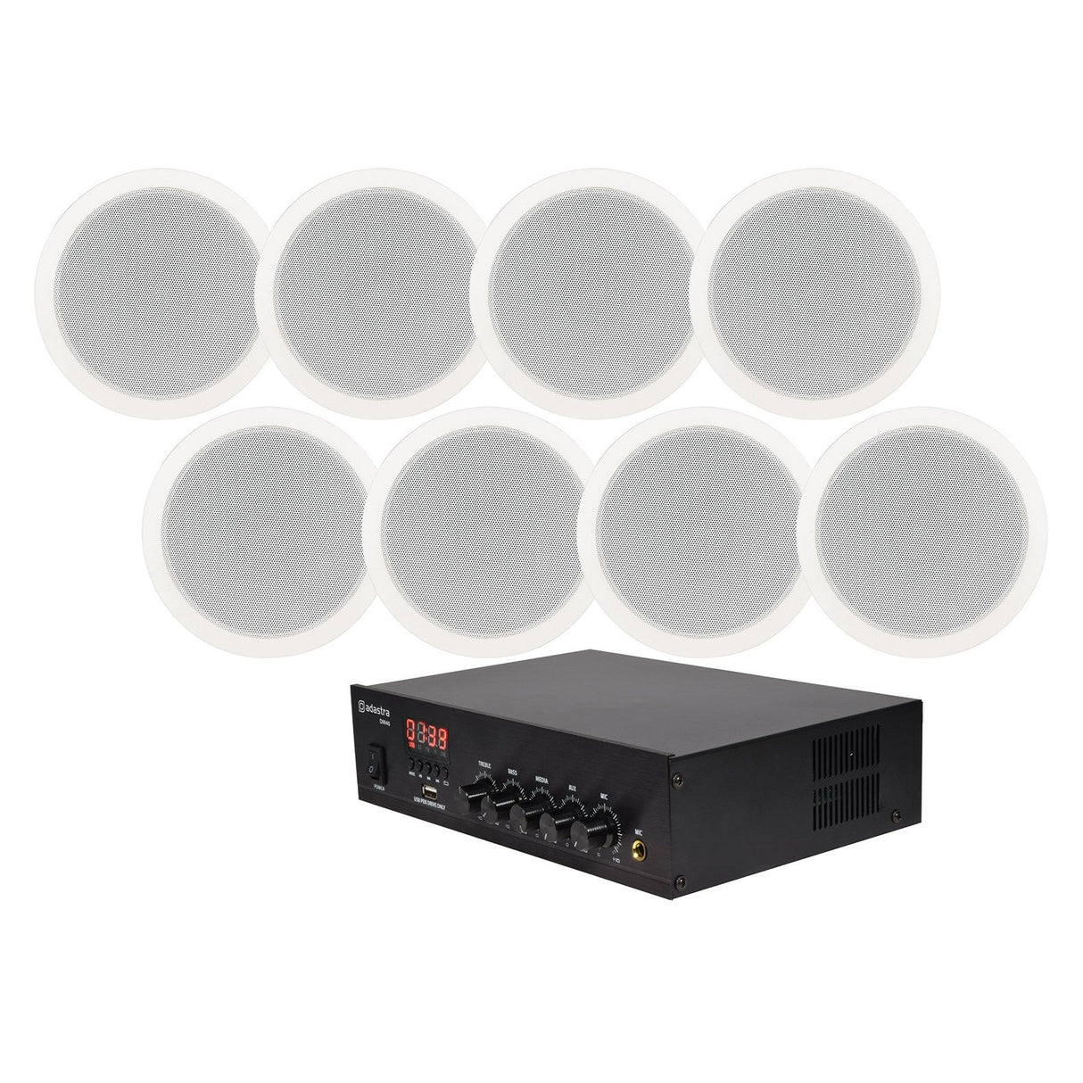 Four round black Adastra ceiling speakers are arranged in two rows above a DM25 100V mixer amplifier, which offers control knobs, input ports, and a digital display for versatile Bluetooth audio.