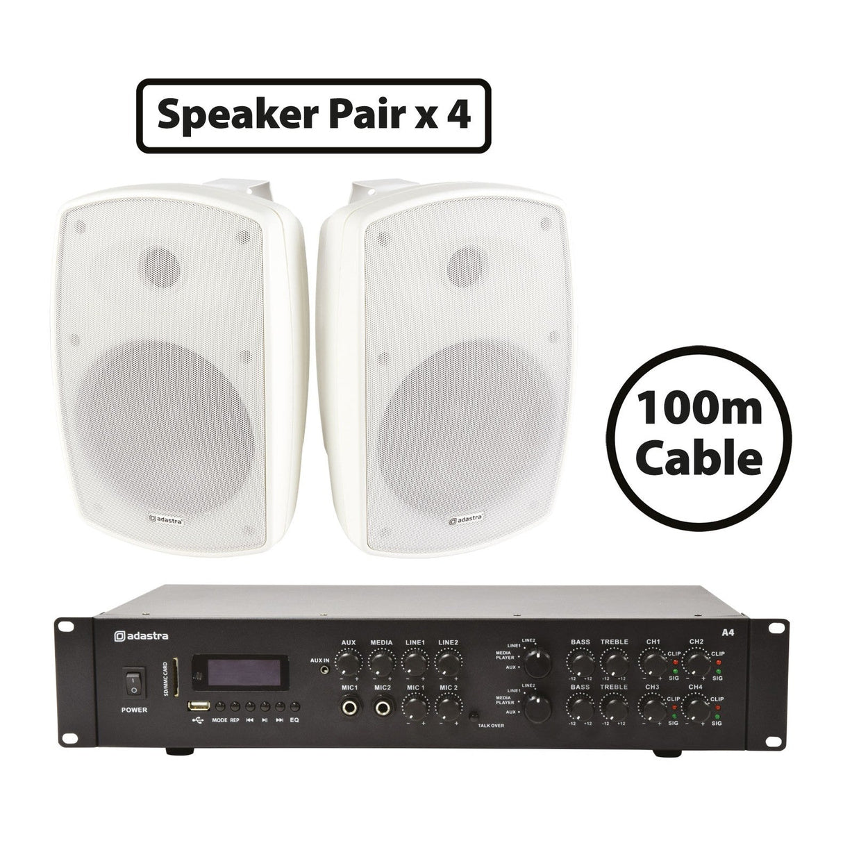 Adastra 8 x 100W BH6-W Wall Speakers + A4 Dual Stereo Bluetooth Amplifier