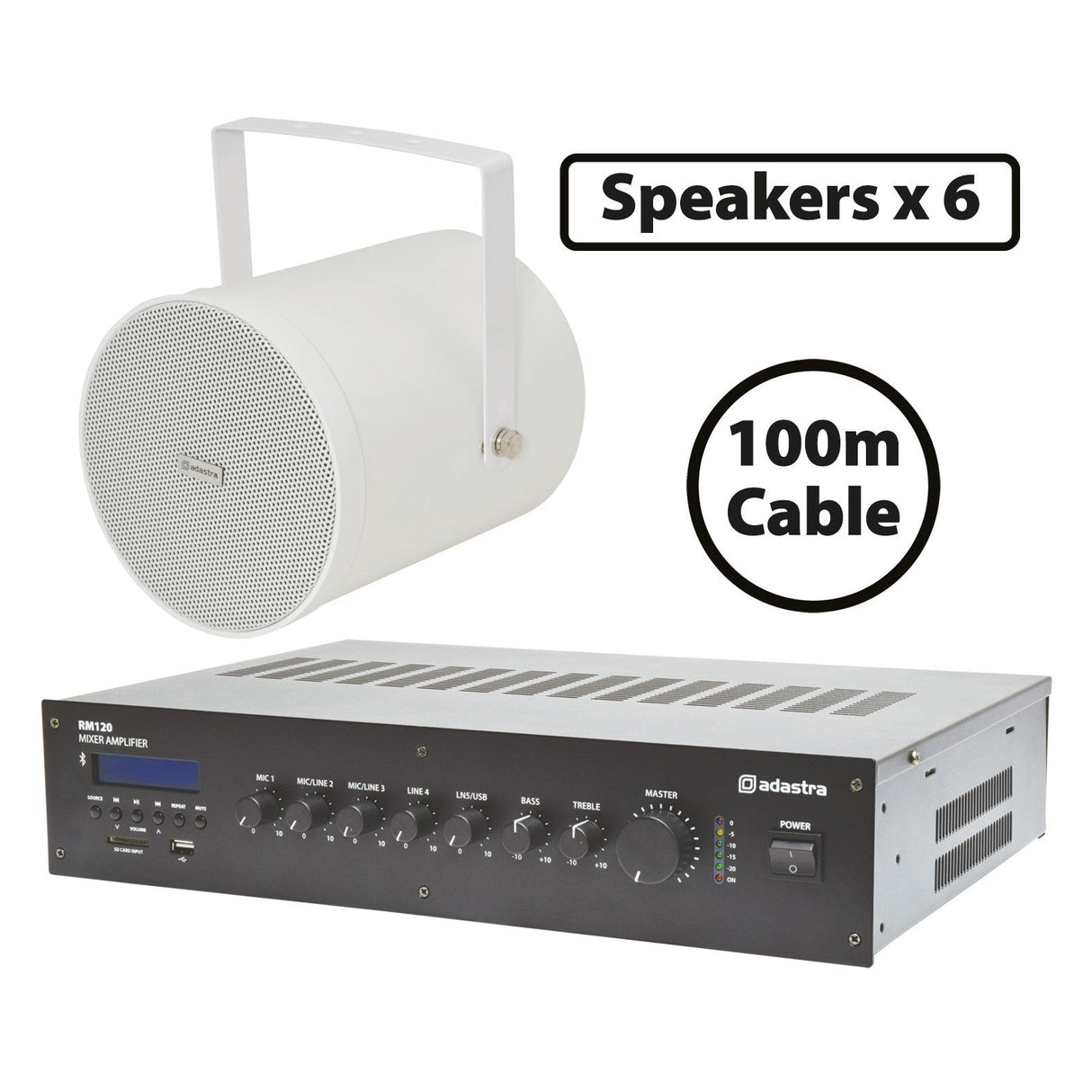 Adastra 6 x Sound Projectors With 120W Mixer-Amp - White