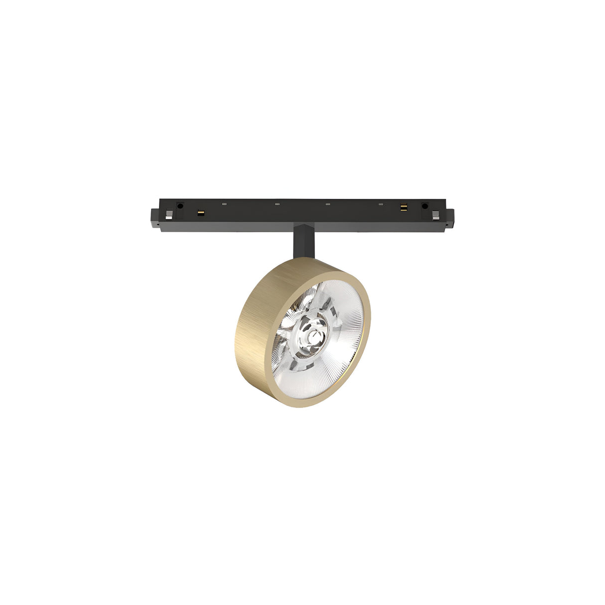 The Luxeon LED Magnetic Track Spotlight 9W 3000K - Brass boasts a contemporary design with a metallic gold circular casing, brass finish, and clear lens. It comes with a black mounting strip for ceiling installation and emits a warm 3000K glow that adds an elegant touch to any space.