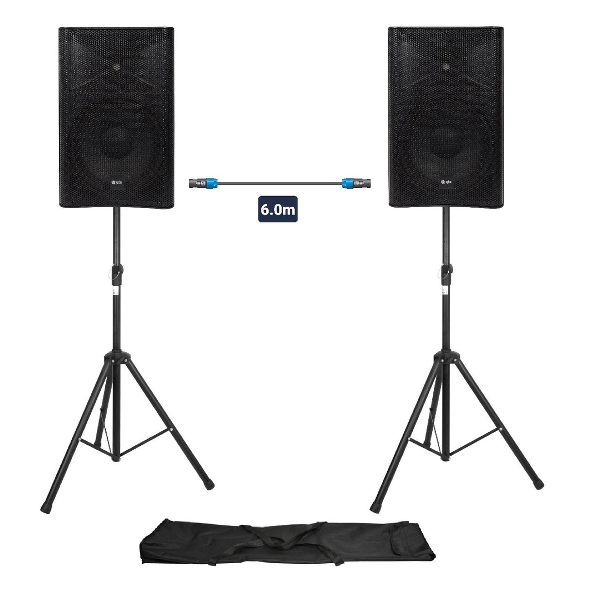 QTX Two Speakers With Stands, Carry Bag & Lead