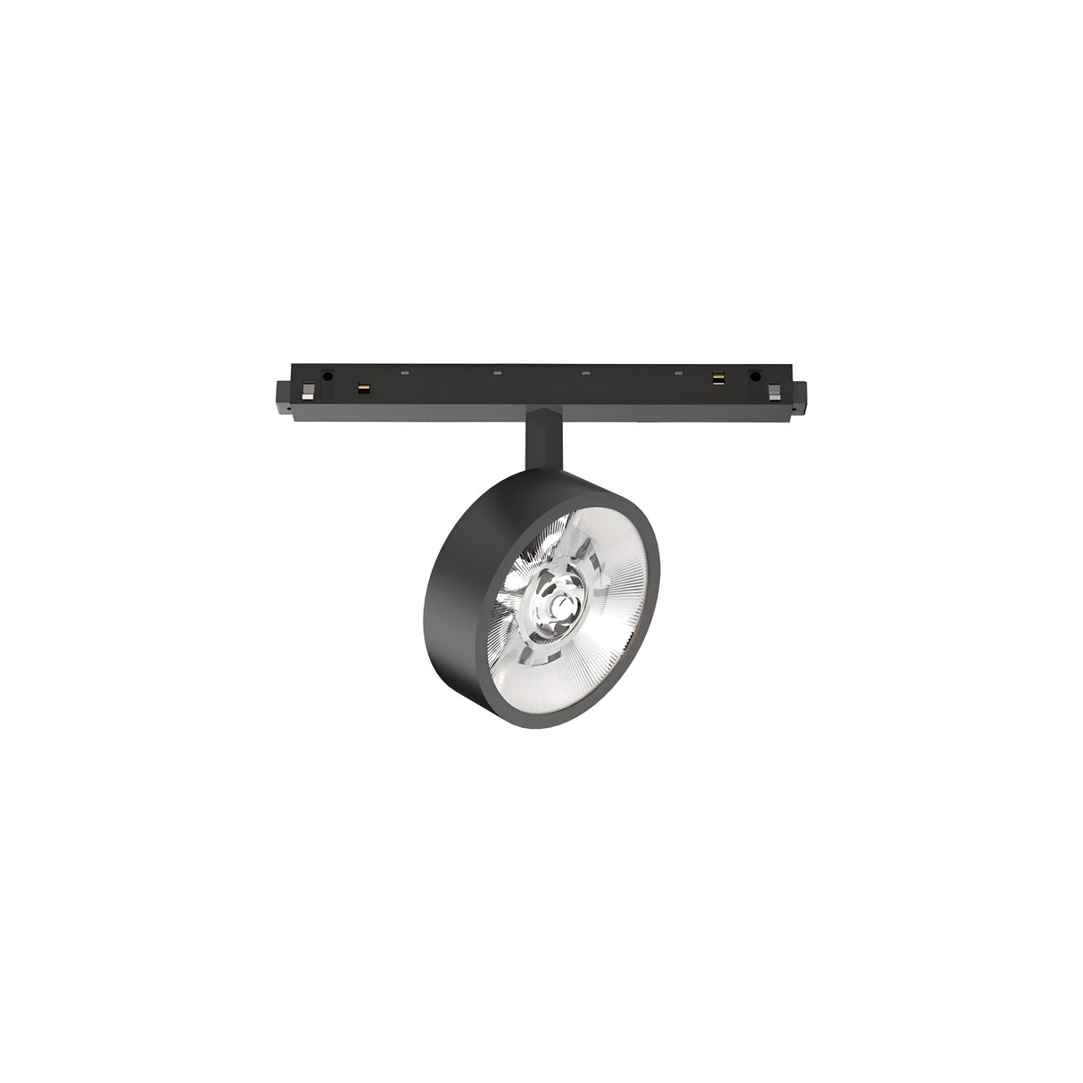 The Luxeon Dimmable LED Magnetic Track Spotlight 9W 3000K in black, featuring a cylindrical design with a central mirrored reflector and energy-efficient LED technology, is mounted on a matching rail. This modern fixture stands out against a plain white background.