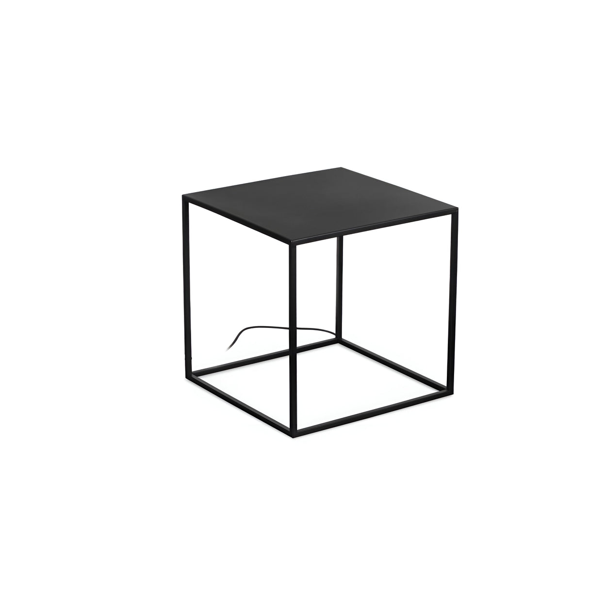A minimalist black metal cube-shaped side table featuring an open frame design, complemented by the Raya LED Outdoor Floor Lamp in Black, measuring 50cm. The tabletop is flat and smooth, supported by four slender legs connected in a geometric pattern. A single electrical cord is visible at the back of the table.