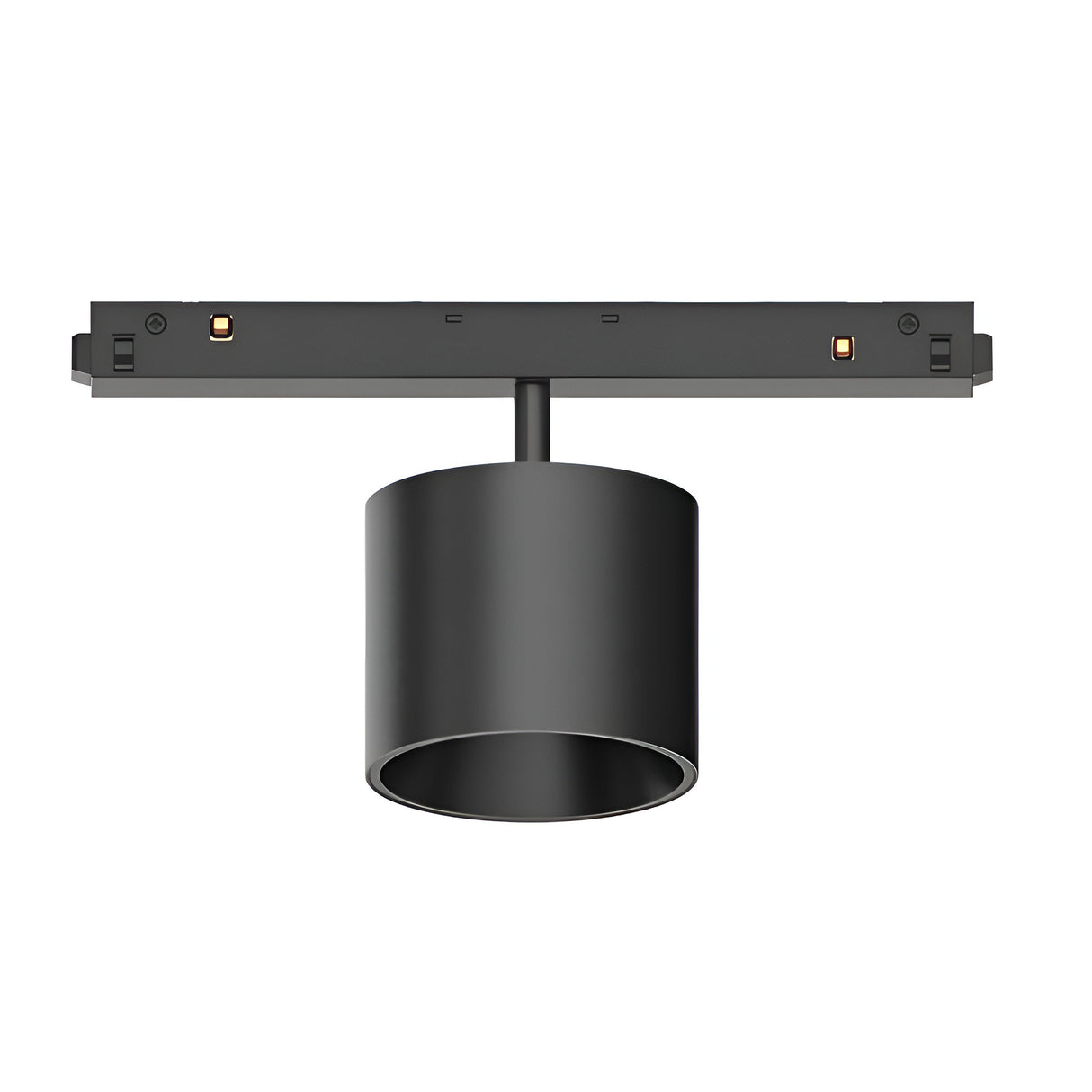 The Luxeon LED Magnetic Track Spotlight 10W 3000K in black is a fixture with a modern cylindrical shape mounted on a horizontal base. Its sleek design features a smooth, uncomplicated surface, offering energy-efficient illumination with warm 3000K lighting, ideal for contemporary interiors.