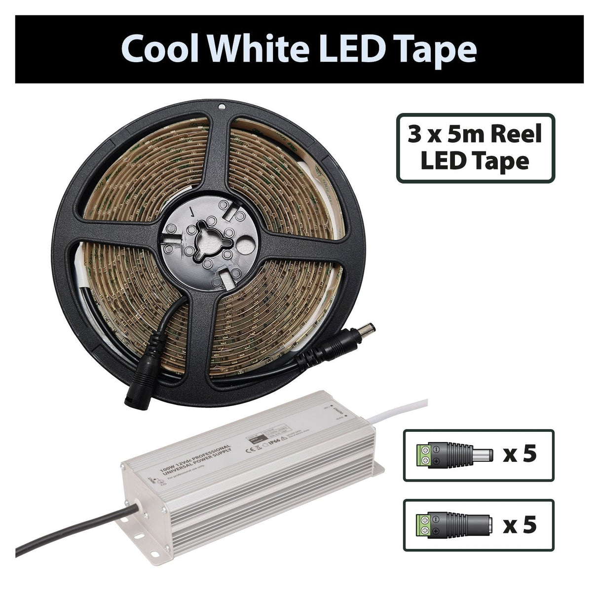LYYT 12V LED Strip IP65 15m - Cool White, 6000K
