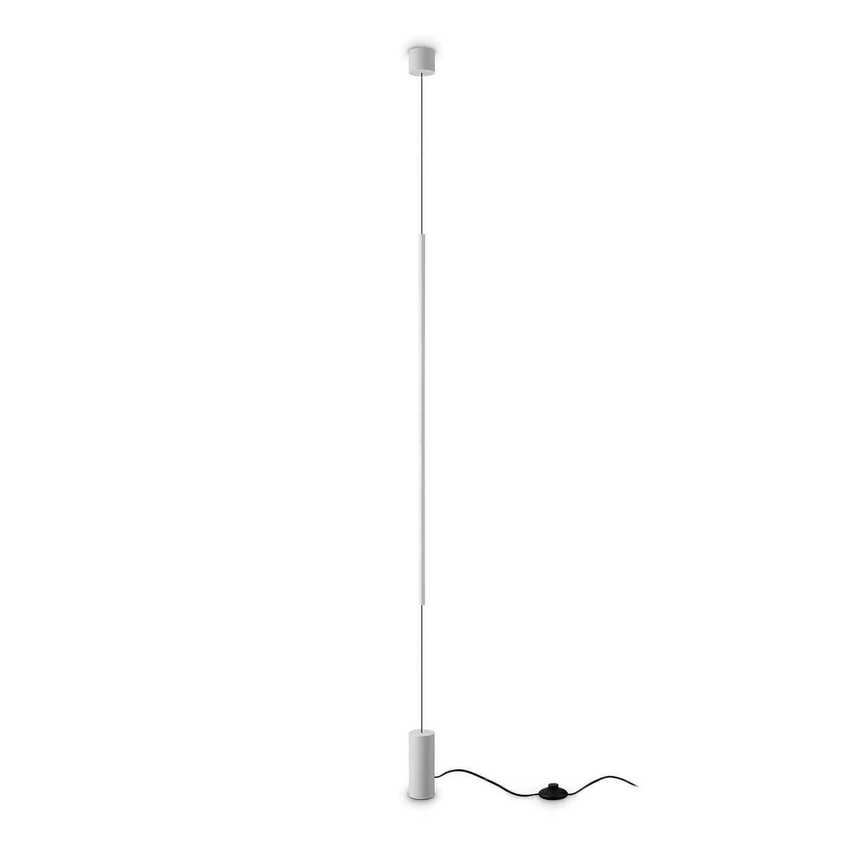 The Celestia LED Floor Lamp - White features a slim, minimalist design with a sleek white rod. Its cylindrical base and top add to its elegant appearance, while a black power cord with a convenient foot switch is discreetly positioned at the bottom. Utilizing energy-efficient LED technology, this lamp exudes modern sophistication.