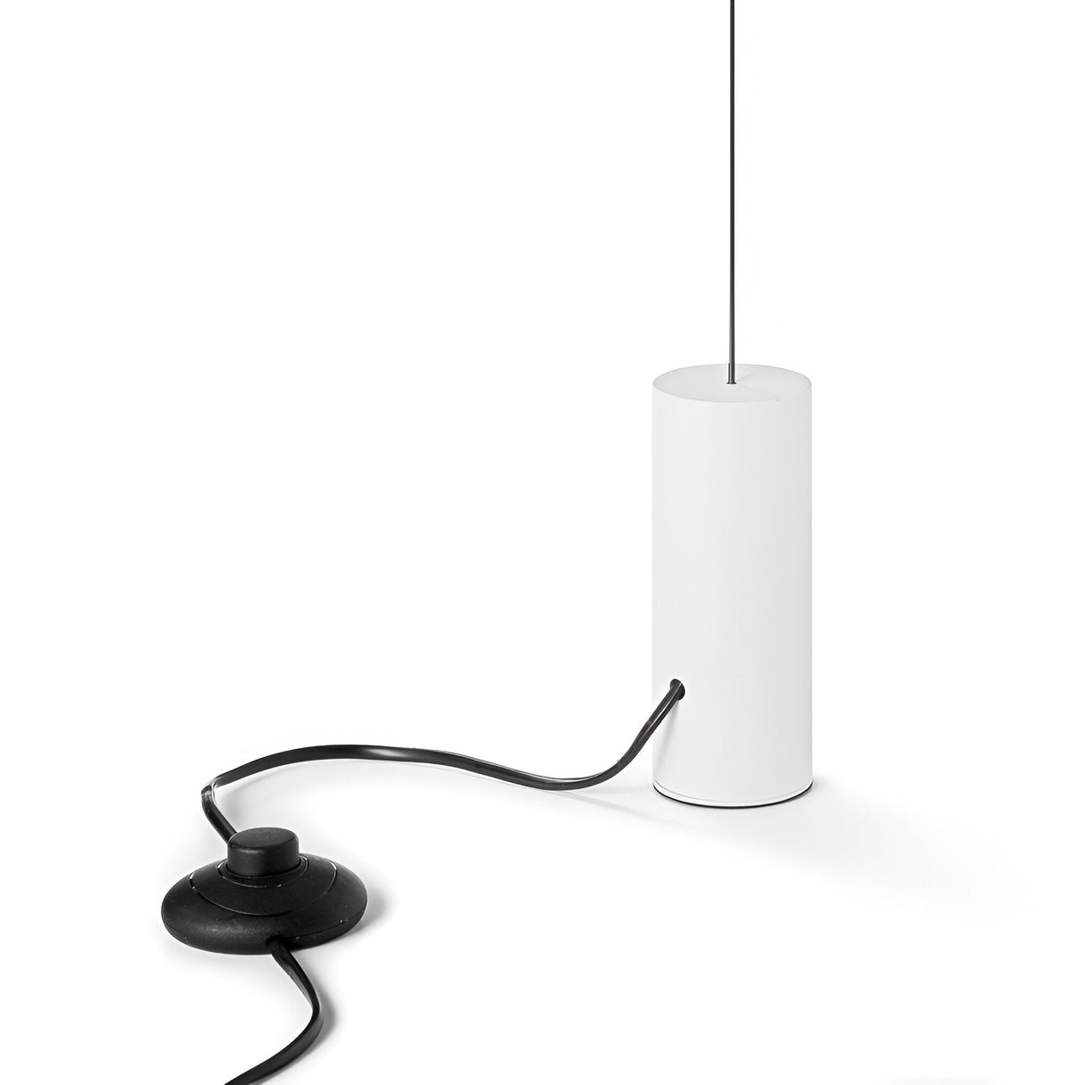 The Celestia LED Floor Lamp - White features a sleek, cylindrical design connected to a thin black cable. The other end attaches to a round black base that includes a prominent circular button on top, highlighting its minimalist style and energy-efficient LED technology against a plain white background.