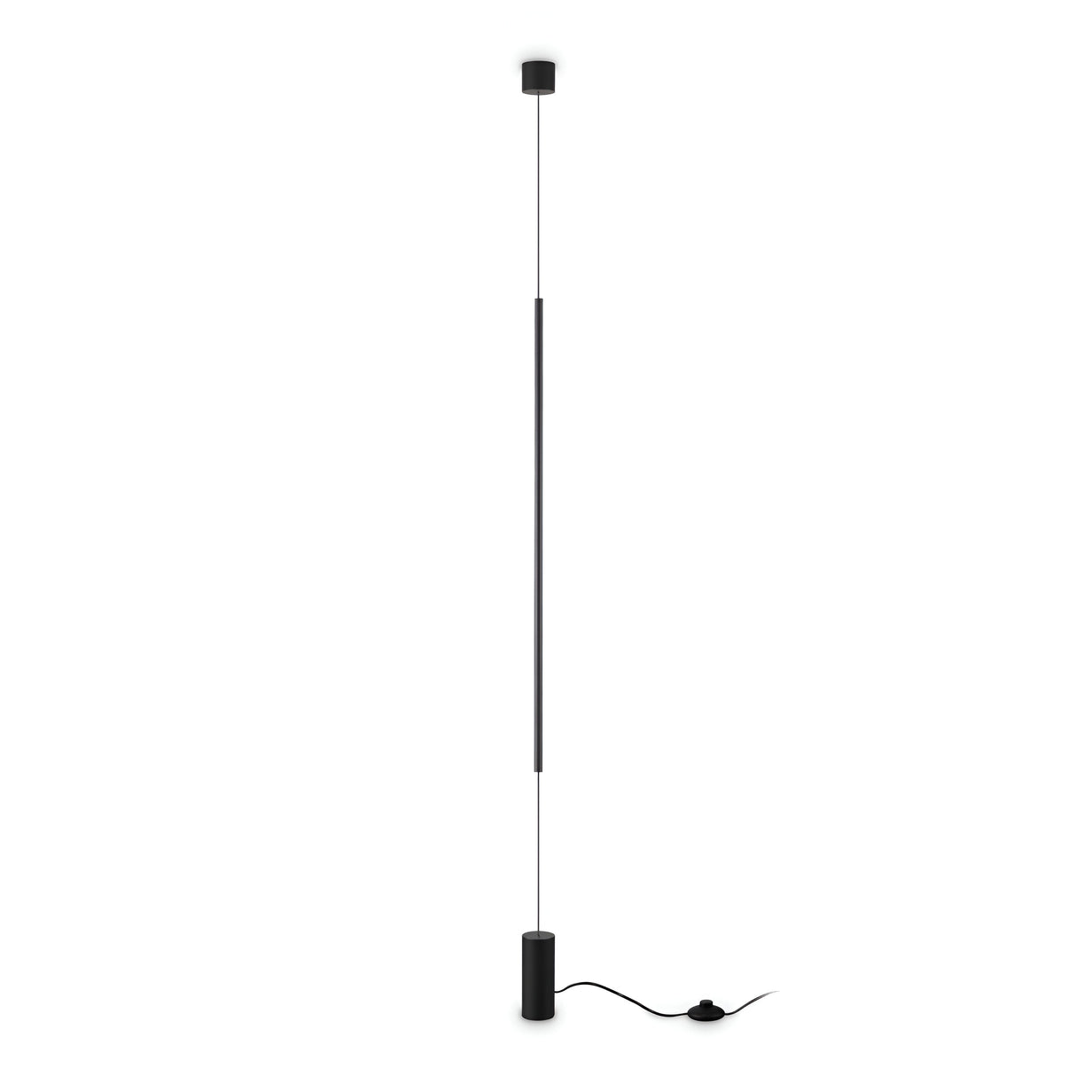 The Celestia LED Floor Lamp - Black provides modern lighting with its sleek, minimalist design. It features a slim black aesthetic, complete with a cylindrical base, slender pole, and a top fixture accompanied by an energy-efficient black power cord and foot switch.