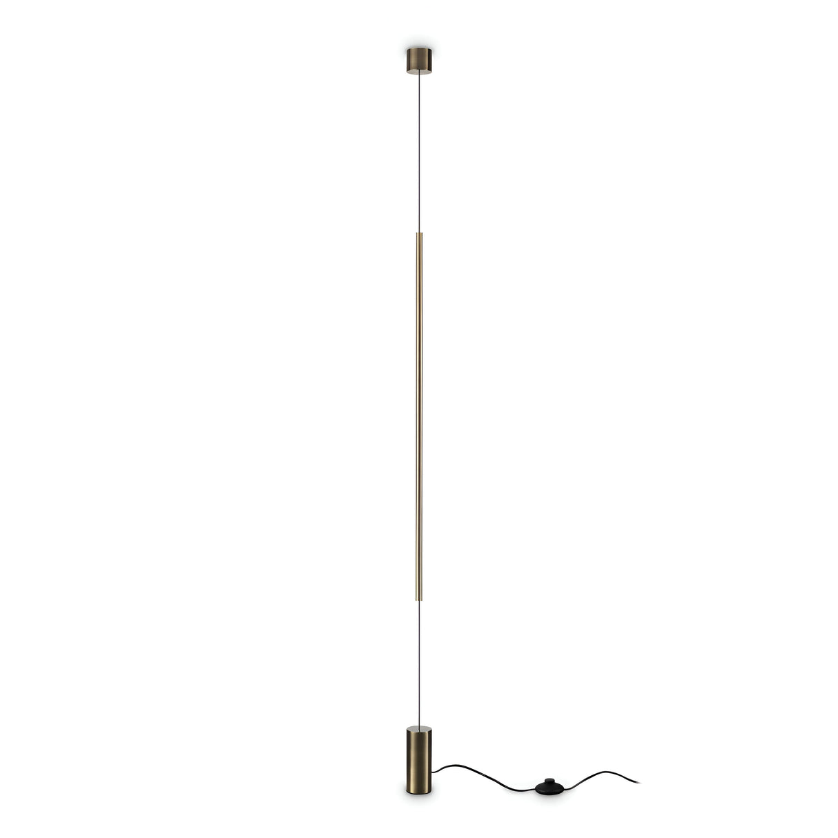 Introducing the Celestia LED Floor Lamp - Brass, a minimalistic lighting solution with a thin, vertical rod adorned in a brass finish. It features energy-efficient LED lights at both ends and includes a black power cord and switch at its base, epitomizing a sleek and modern aesthetic.