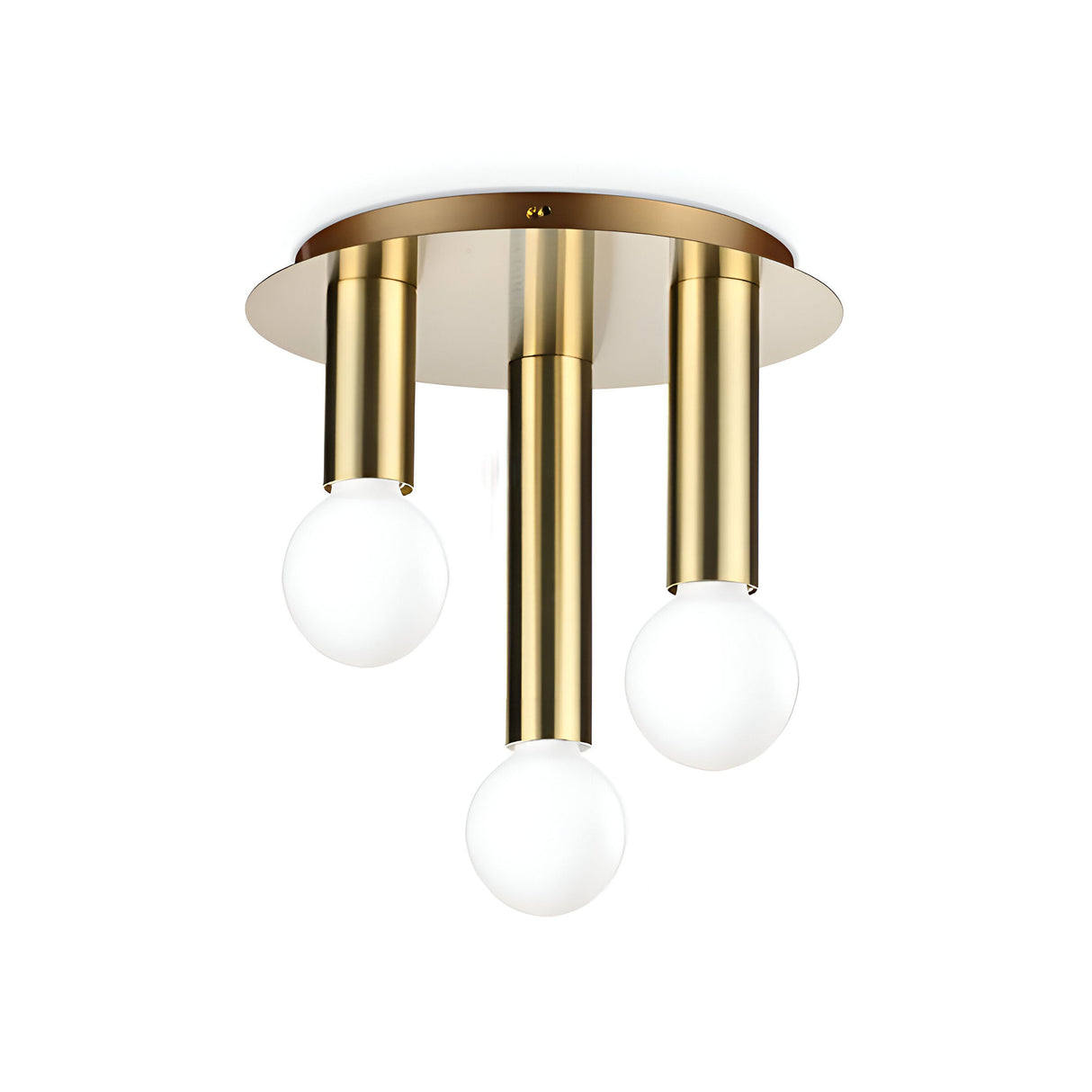 The Aetheron 3 Light Semi Flush - Brass boasts a contemporary design with a circular gold base and three hanging cylindrical rods, each topped with a white spherical bulb. Its minimalist style and brass finish highlight elegance and simplicity.