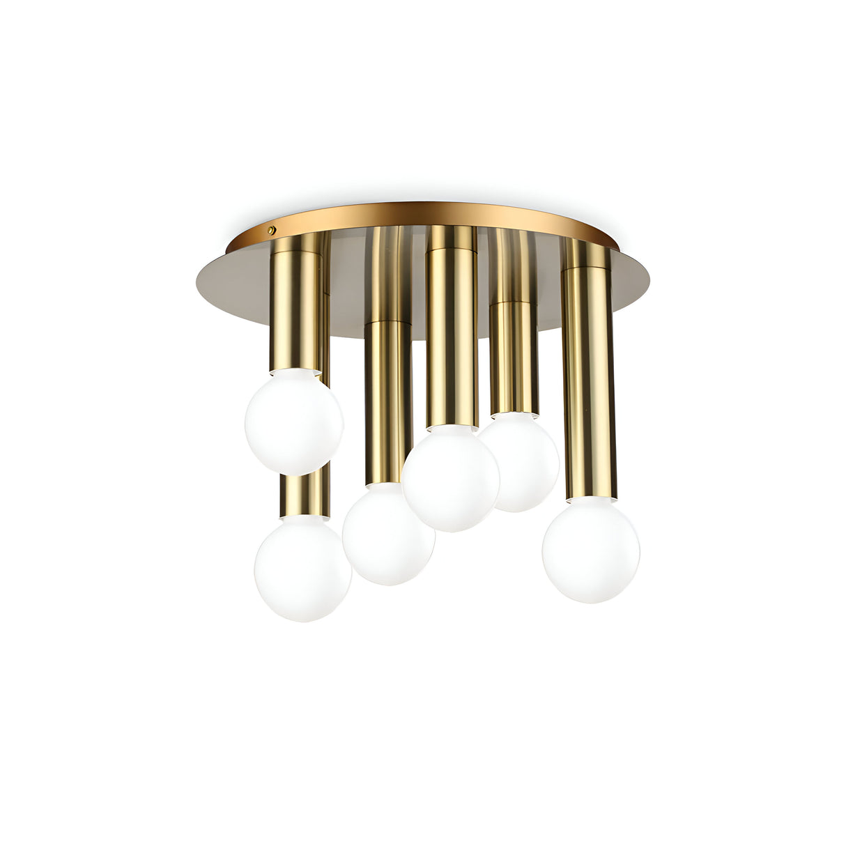 The Aetheron 6 Light Semi Flush - Brass is a stylish and modern brass lighting fixture, characterized by its contemporary round golden base from which multiple cylindrical rods extend downward. Each rod supports a white spherical bulb at the end, resulting in an elegant semi-flush light design.