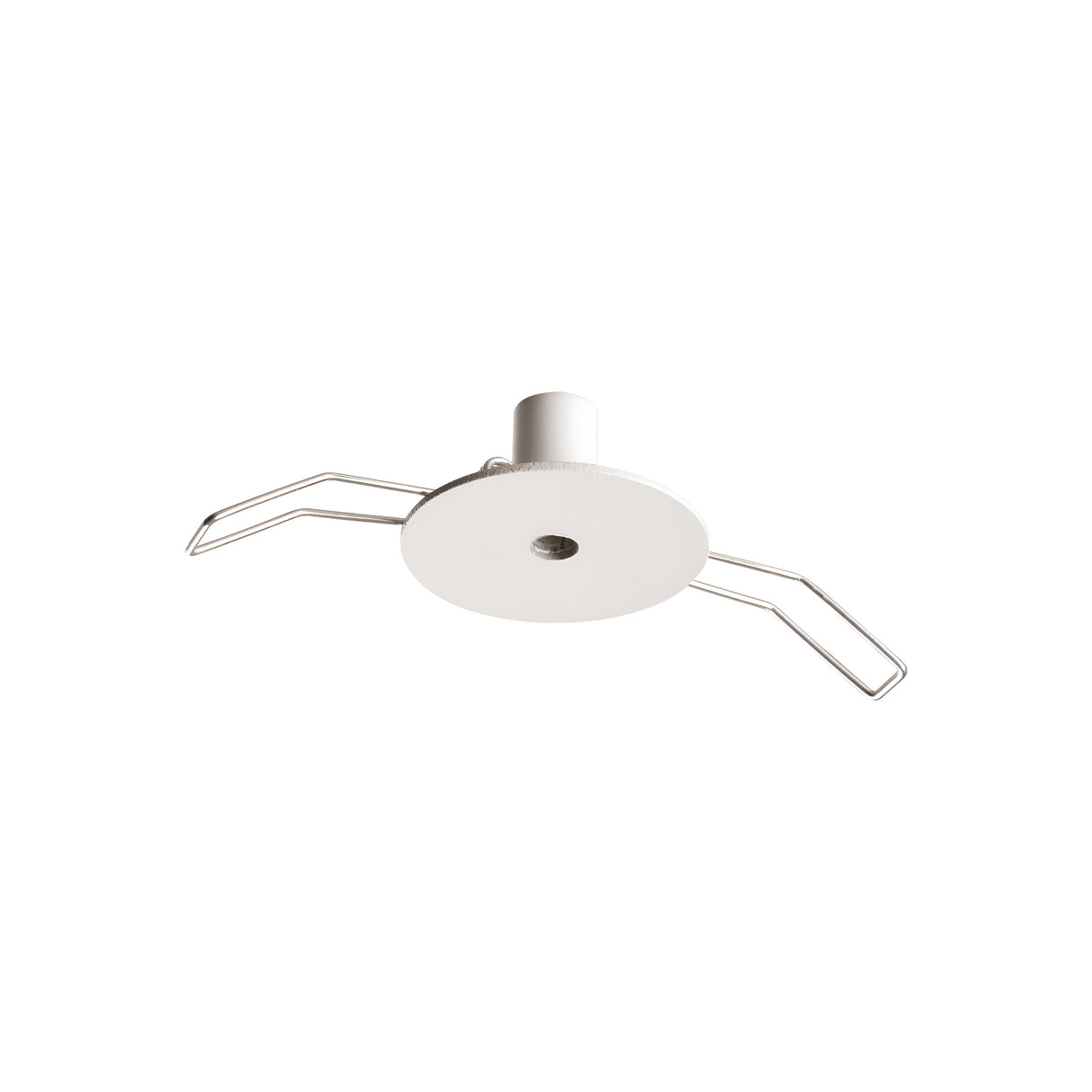 The Glacia 1 Light Recessed Magnetic Ceiling Rose in white showcases a minimalist design with its circular structure and two extended metal arms flanking a central cylindrical attachment. The recessed magnetic ceiling rose enhances its clean aesthetics, indicating it as a contemporary fixture ideal for mounting or support purposes.
